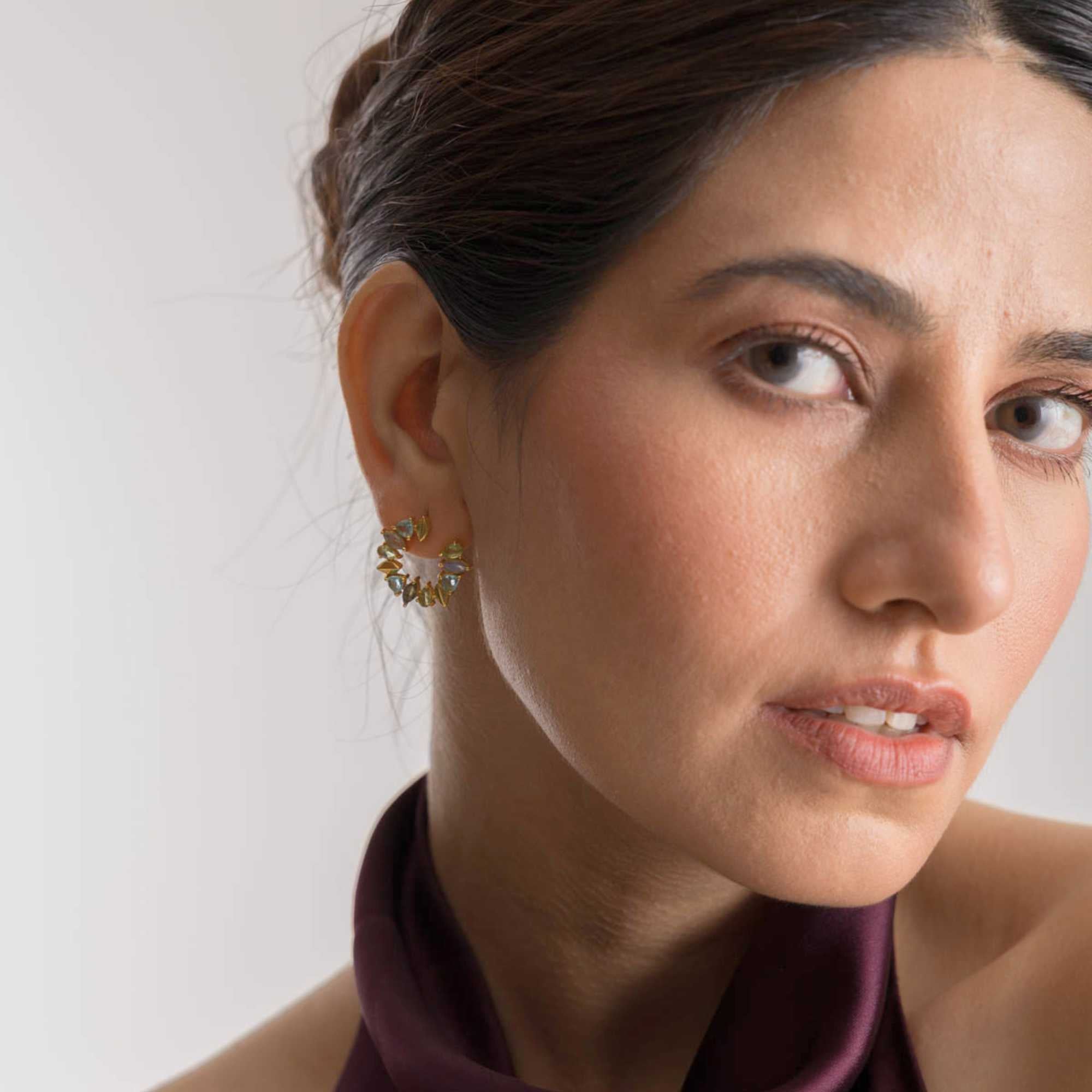 Kaleidoscope Arc Blue Topaz, Amethyst and Citrine Statement Earrings Silver
