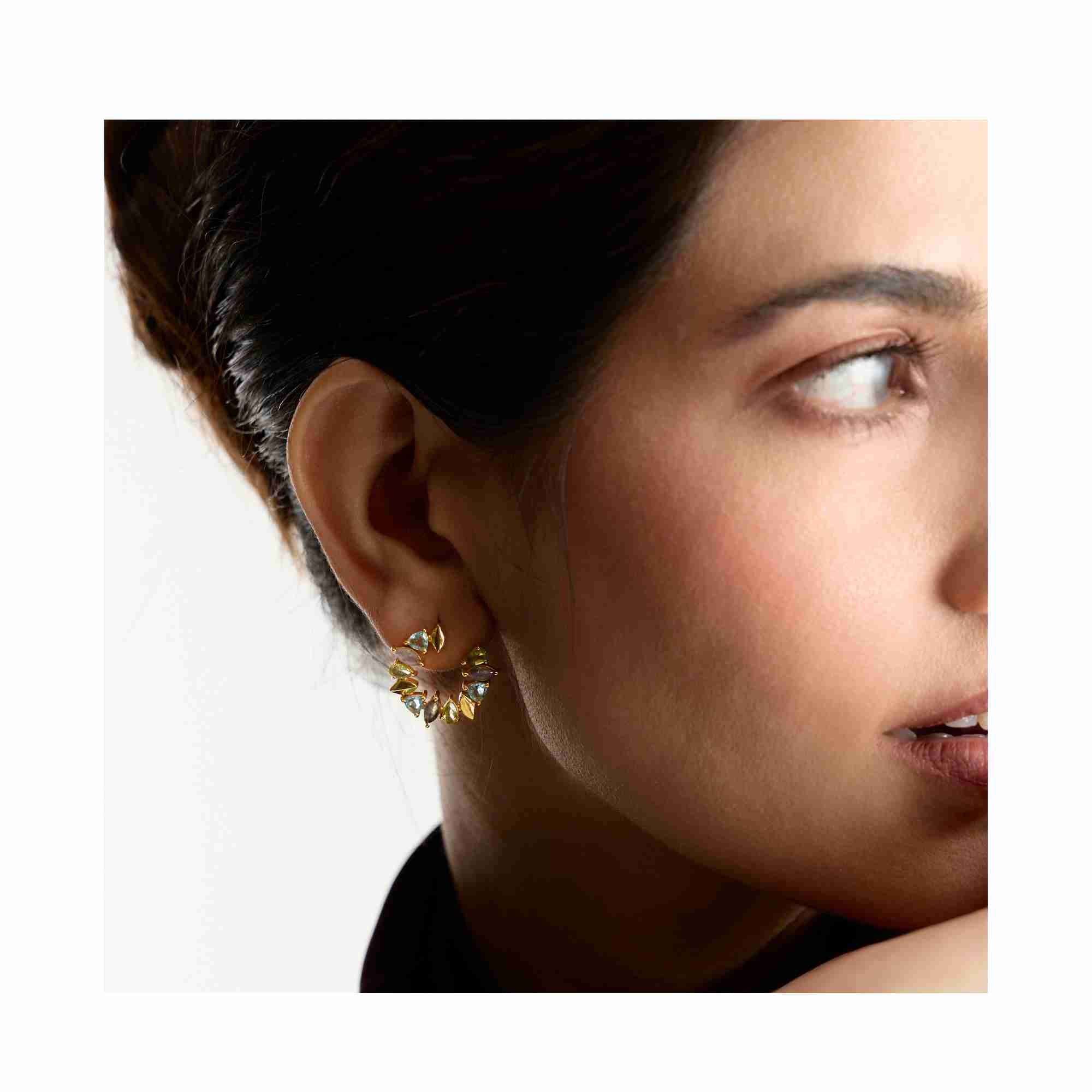 Kaleidoscope Arc Peach Moonstone, Amazonite and Rainbow Moonstone Statement Earrings Gold