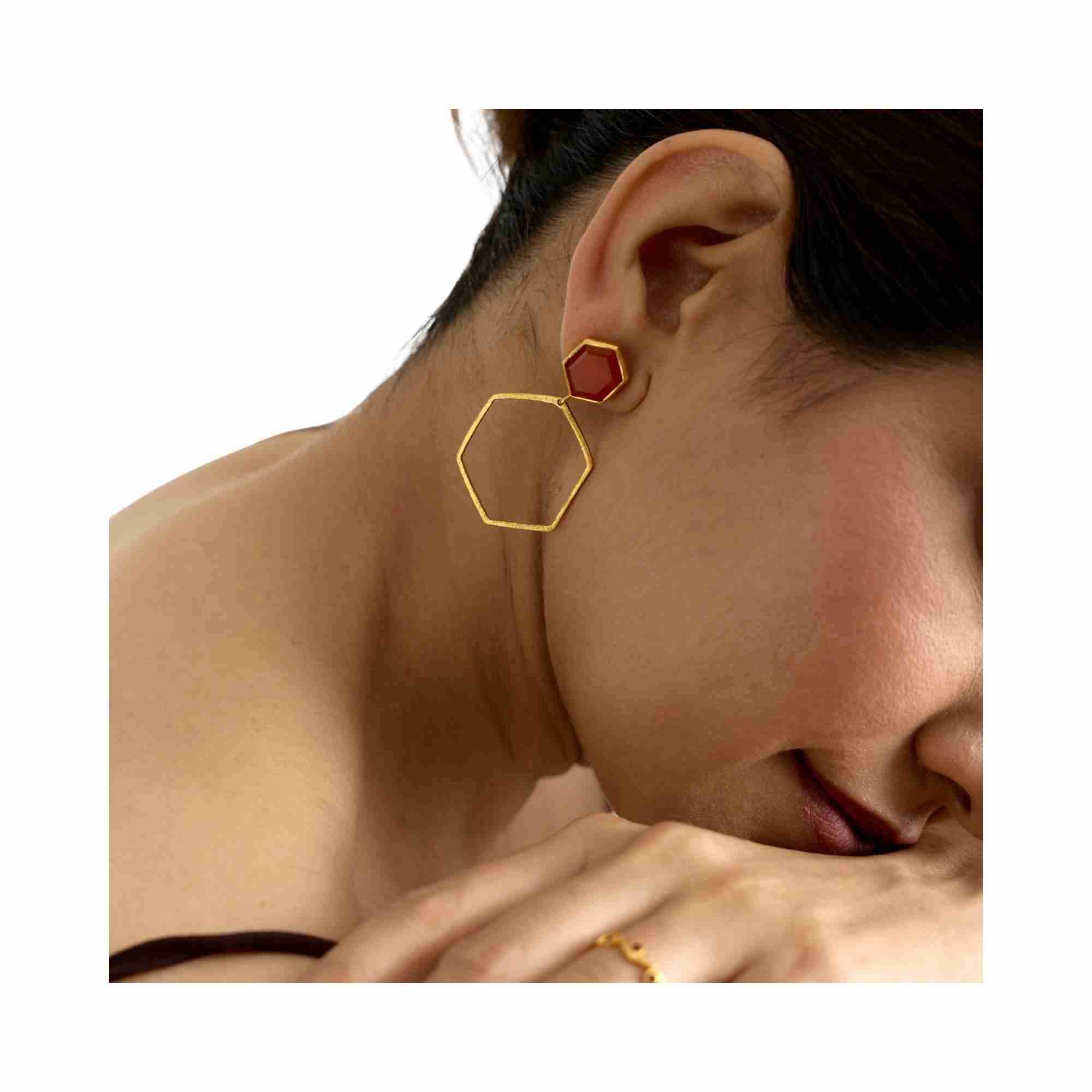 Geo Glam Hexagonal Carnelian Statement Earrings Gold — faceted orange gemstone in a large open hexagonal drop frame in 22K gold vermeil by Protsaah Zurich.