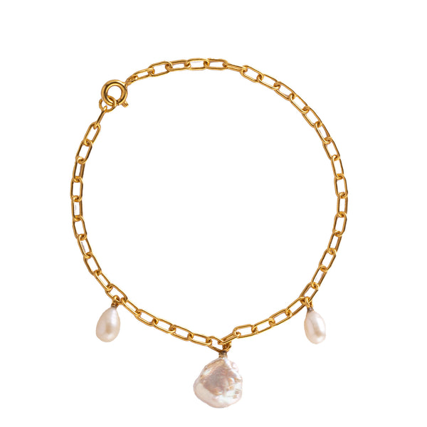 Pearls Galore Baroque Pearl Trio Paperclip Link & Chain Bracelet Gold