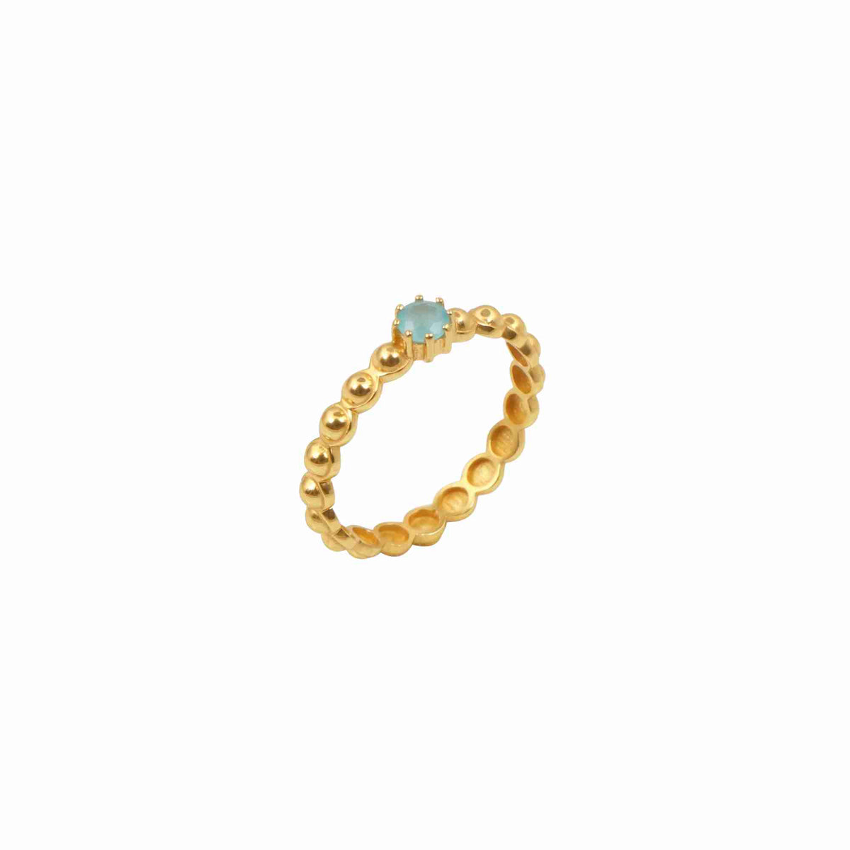 Delicate Vintage Aqua Chalcedony Dotted Band Ring Gold — a round cabochon sea-foam blue chalcedony stone set on a 2 mm textured beaded gold-plated eternity band by Protsaah Zurich.