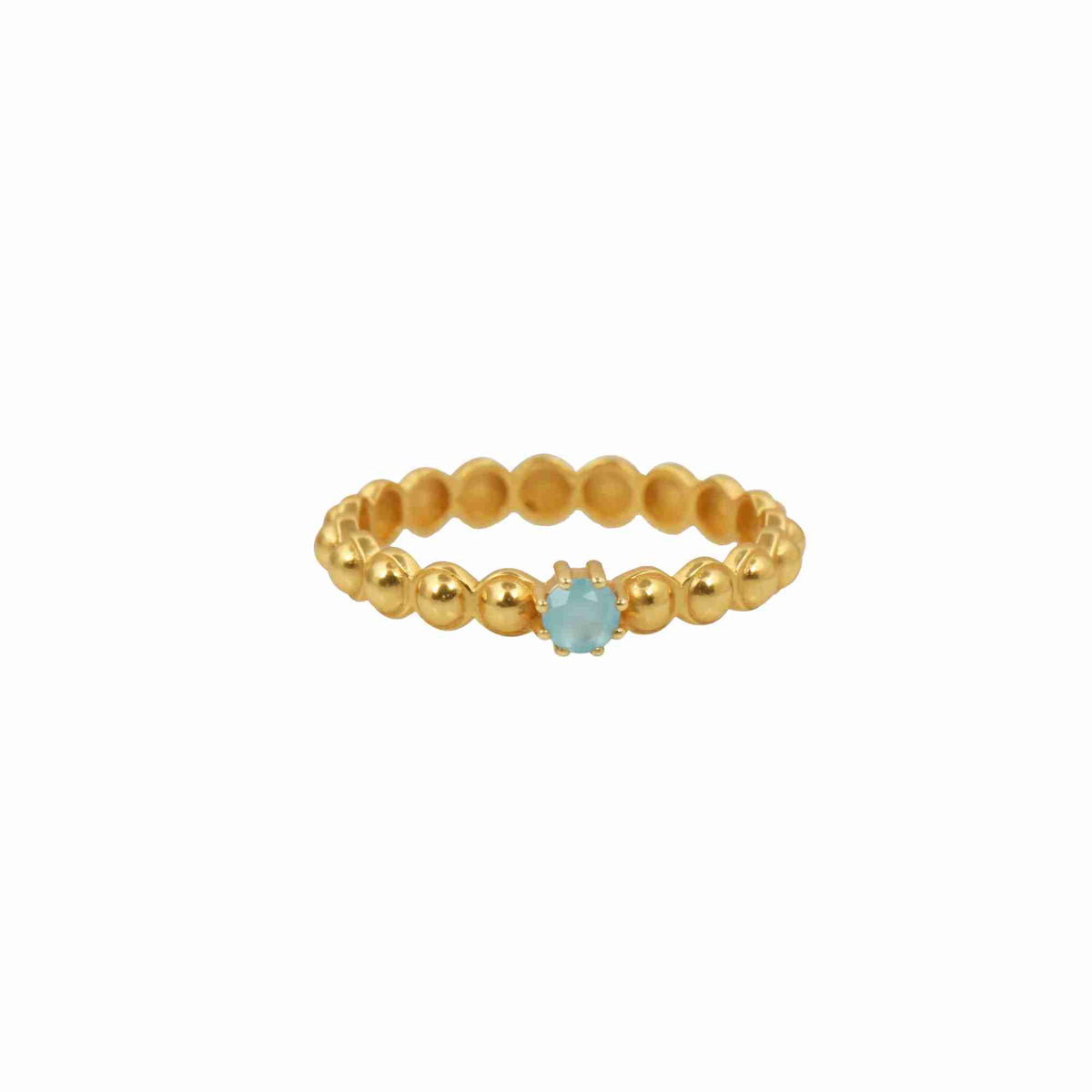 Delicate Vintage Aqua Chalcedony Dotted Band Ring Gold — a round cabochon sea-foam blue chalcedony stone set on a 2 mm textured beaded gold-plated eternity band by Protsaah Zurich.