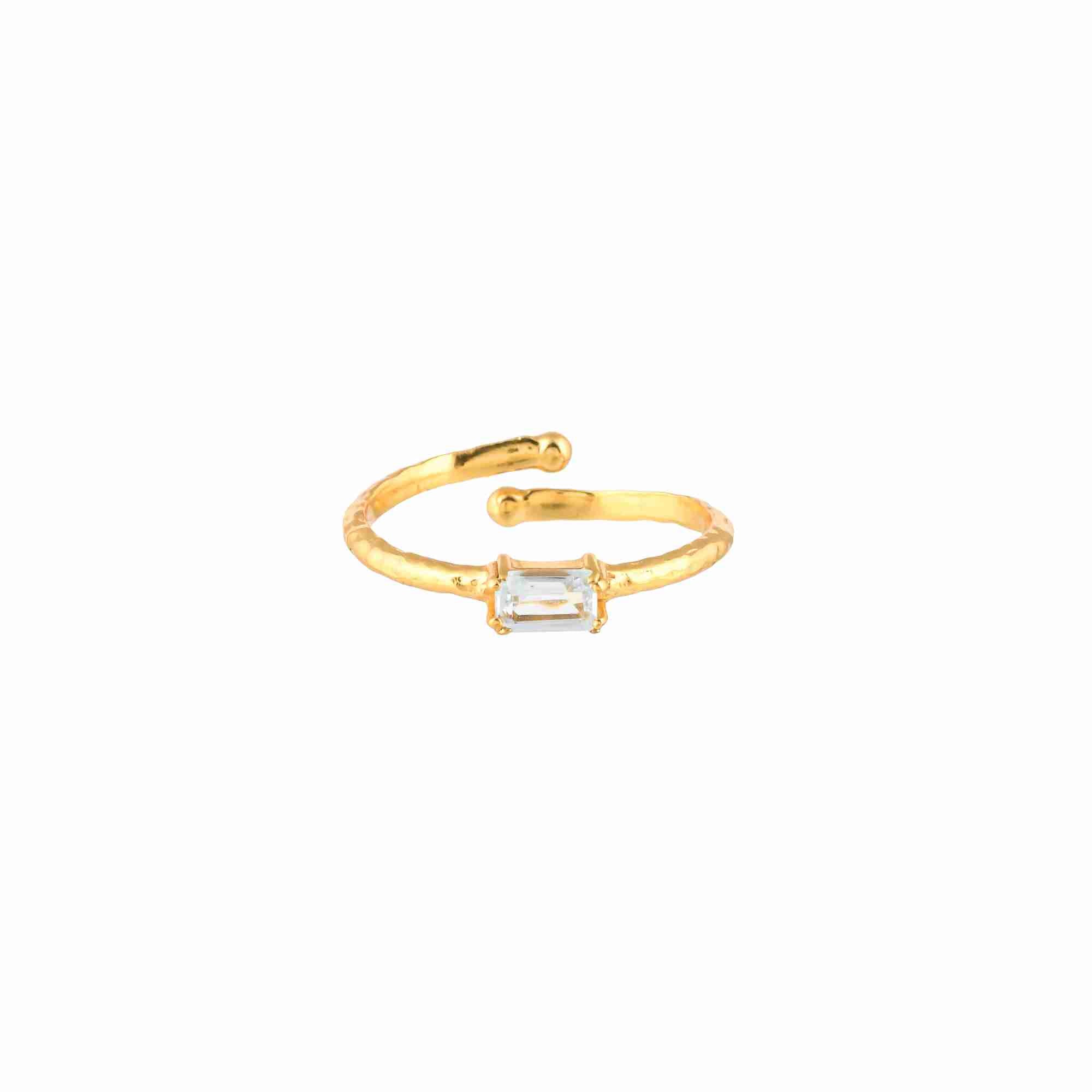 Delicate Vintage Blue Topaz Baguette Ring Gold — an adjustable 22K gold vermeil bypass ring featuring a horizontally set step-cut baguette blue topaz on a 1.3 mm hammered texture band by Protsaah Zurich.