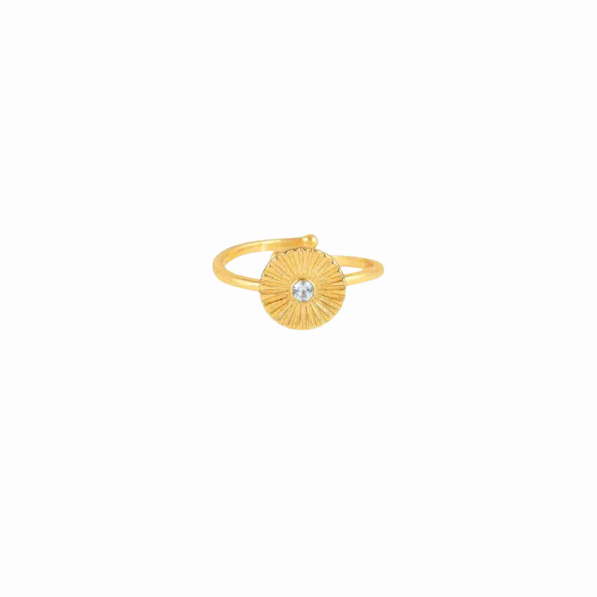 Delicate Vintage Blue Topaz Fluted Disc Ring Gold — an adjustable gold plated 925 Silver bypass ring featuring a radially etched sunray disc centered with a round blue topaz stone by Protsaah Zurich.