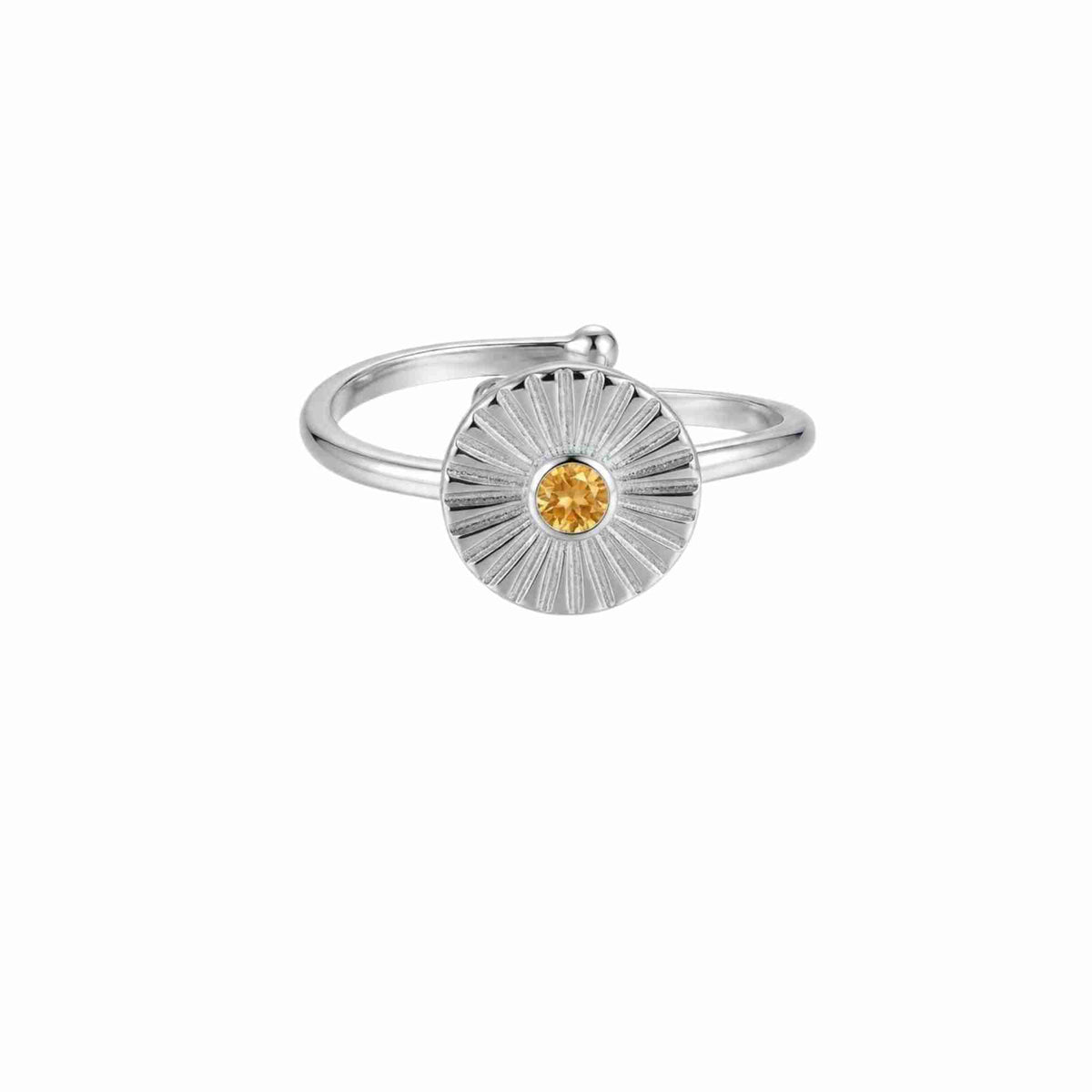Front view of Delicate Vintage Citrine Fluted Medallion Coin Ring in 925 silver, showing the centered round yellow citrine gemstone, radiant fluted starburst medallion disc, and smooth open-back adjustable silver band.