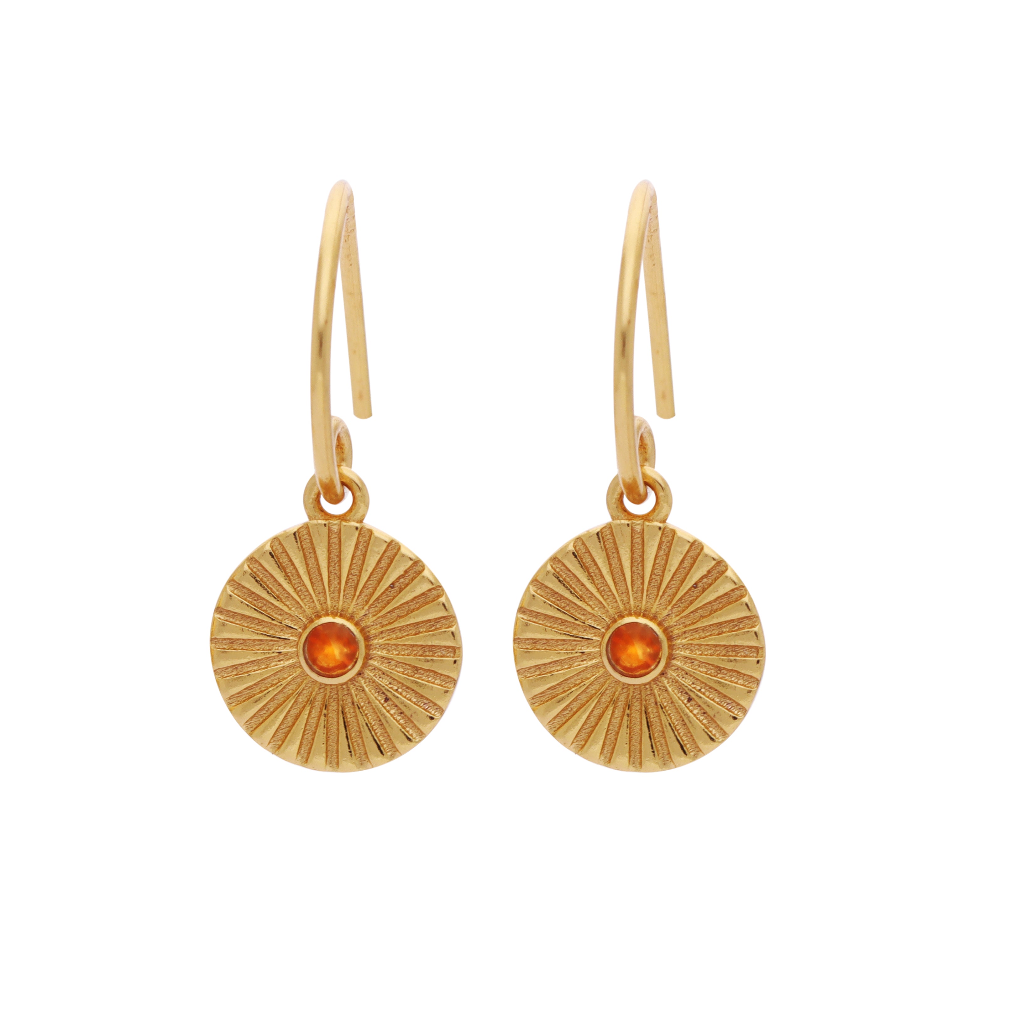 Delicate Vintage Fluted Medallion Stone Drop Earrings Gold Orange Carnelian — textured gold sunburst coin earrings with vibrant orange carnelian center stones.