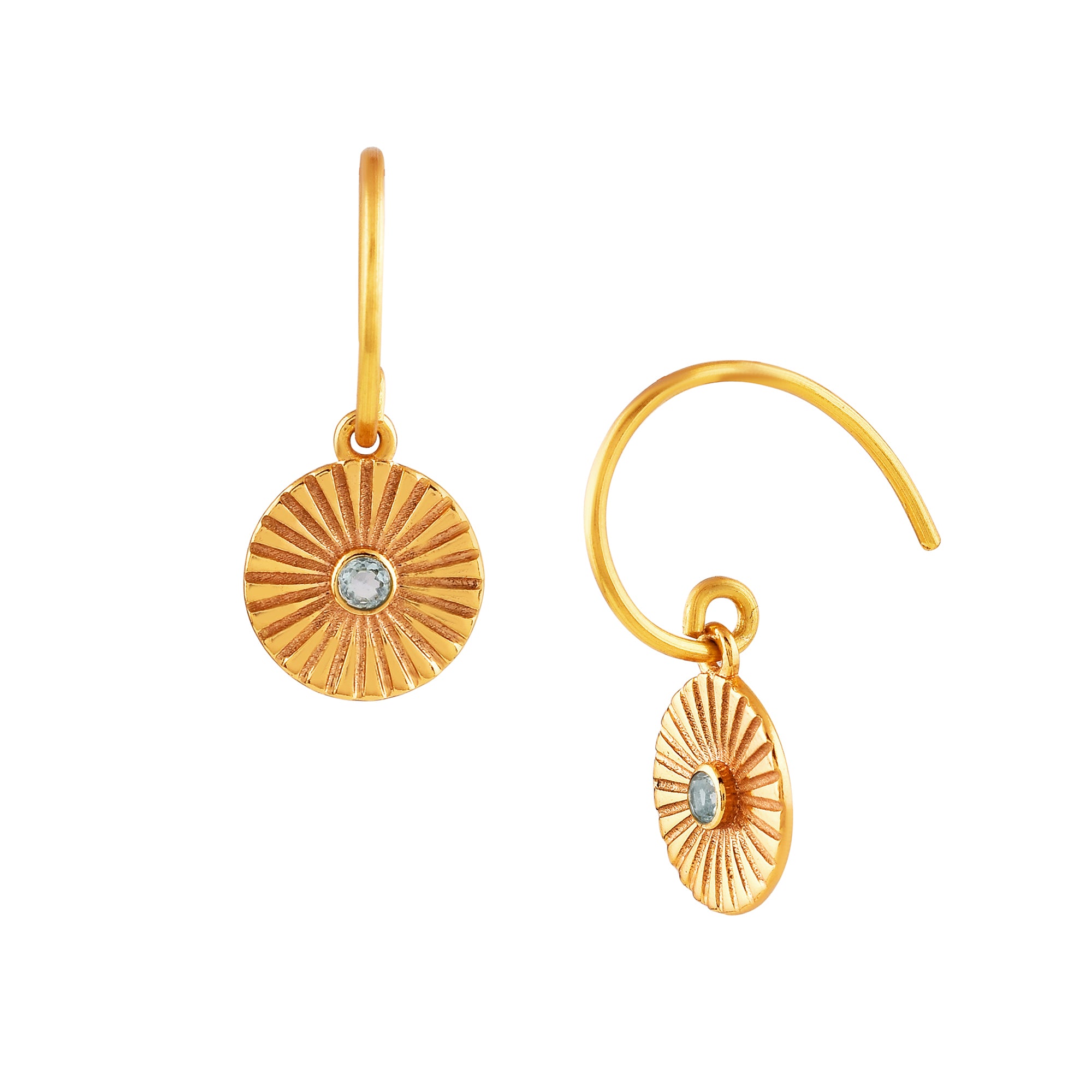 Delicate Vintage Fluted Medallion Stone Drop Earrings Gold Blue Topaz — textured gold sunburst coin earrings with sparkling blue topaz center stones.