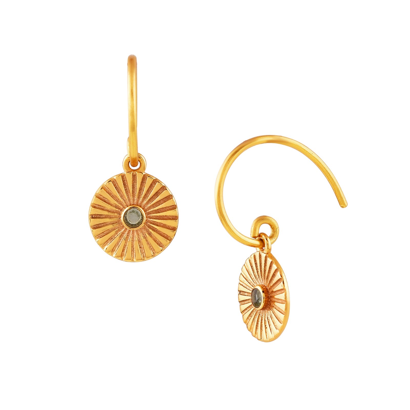 Delicate Vintage Fluted Medallion Stone Drop Earrings Gold Labradorite — textured gold sunburst coin earrings with iridescent labradorite center stones.