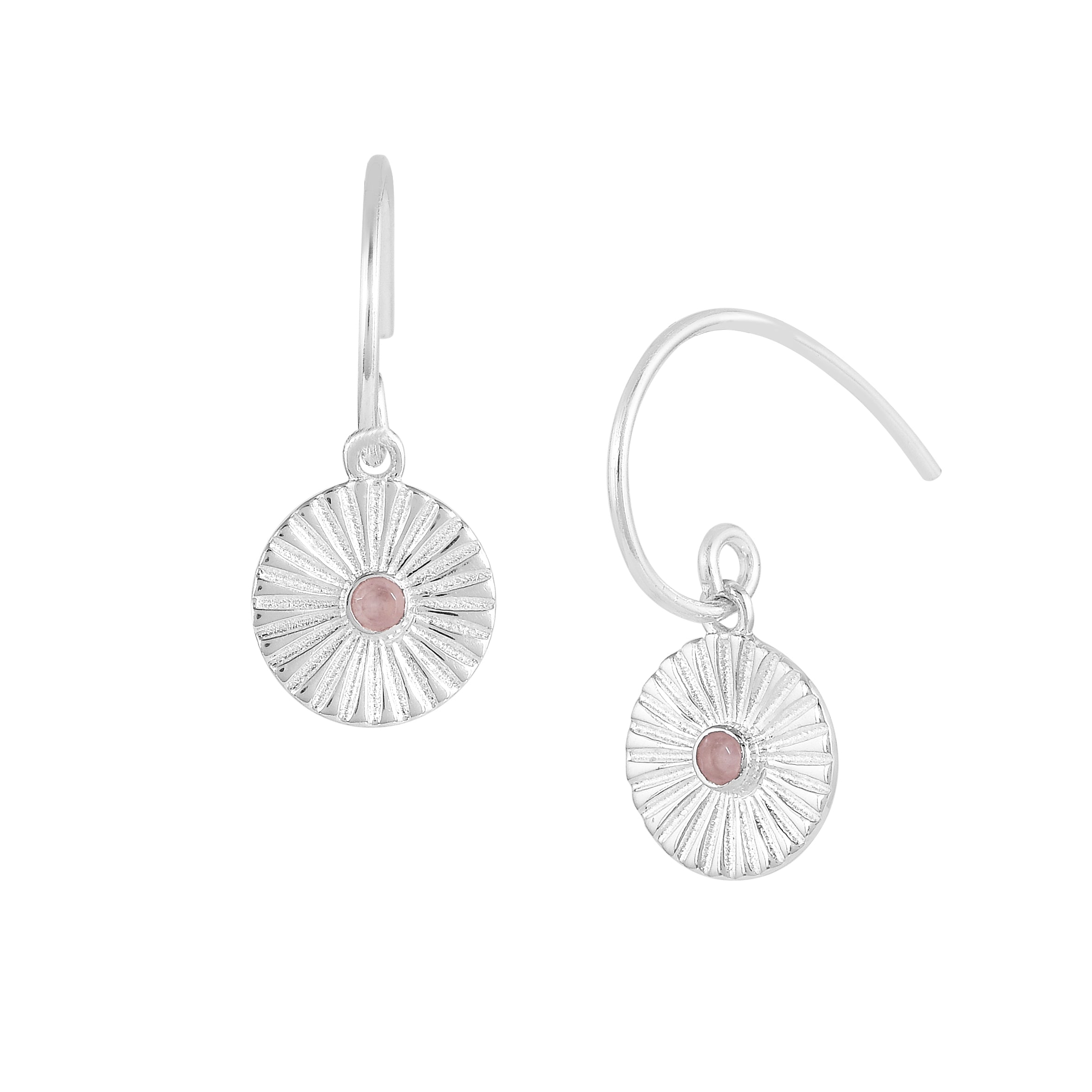 Delicate Vintage Fluted Medallion Stone Drop Earrings Silver Pink Chalcedony — textured silver sunburst coin earrings with soft pink chalcedony center stones.