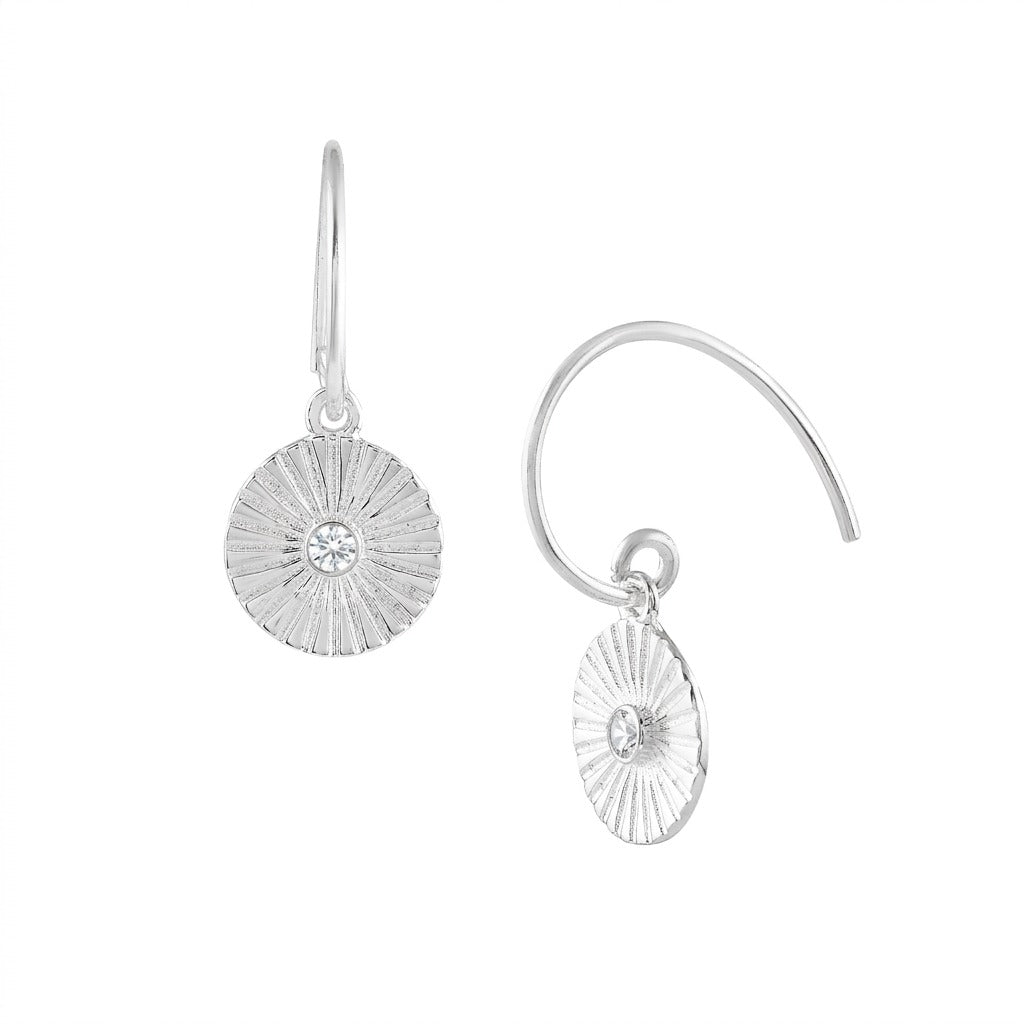 Delicate Vintage Fluted Medallion Stone Drop Earrings Silver White Topaz — textured silver sunburst coin earrings with a sparkling white topaz center stone.