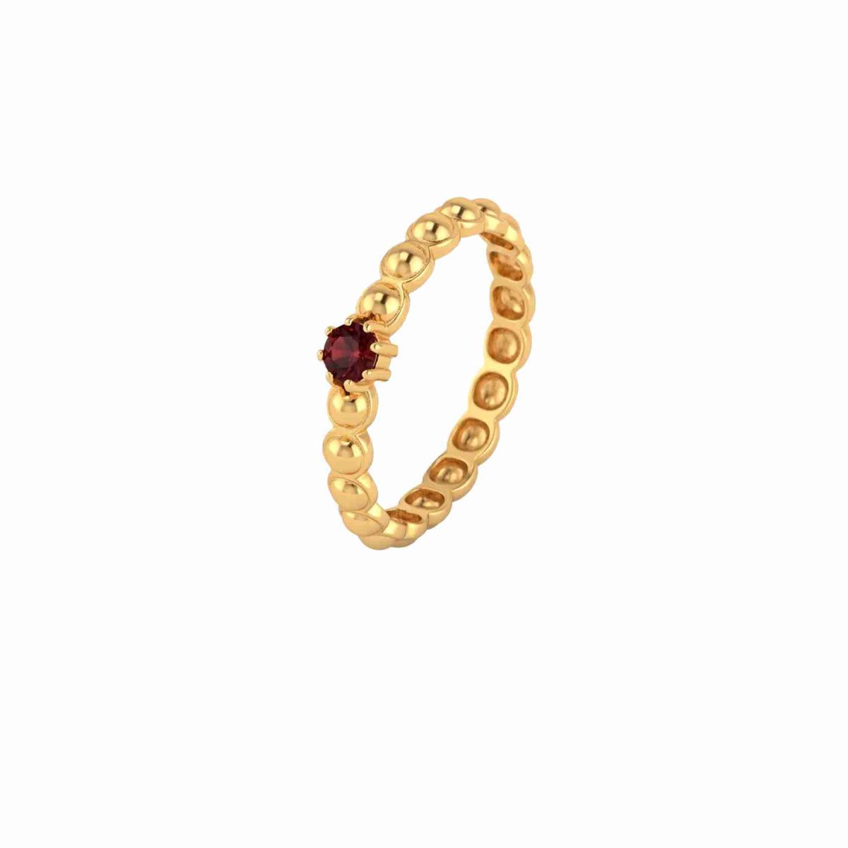 Delicate Vintage Garnet Dotted Circle Ring Gold — continuous gold beaded bubble band ring with a prong-set round Garnet solitaire in 22K gold finish — Protsaah.