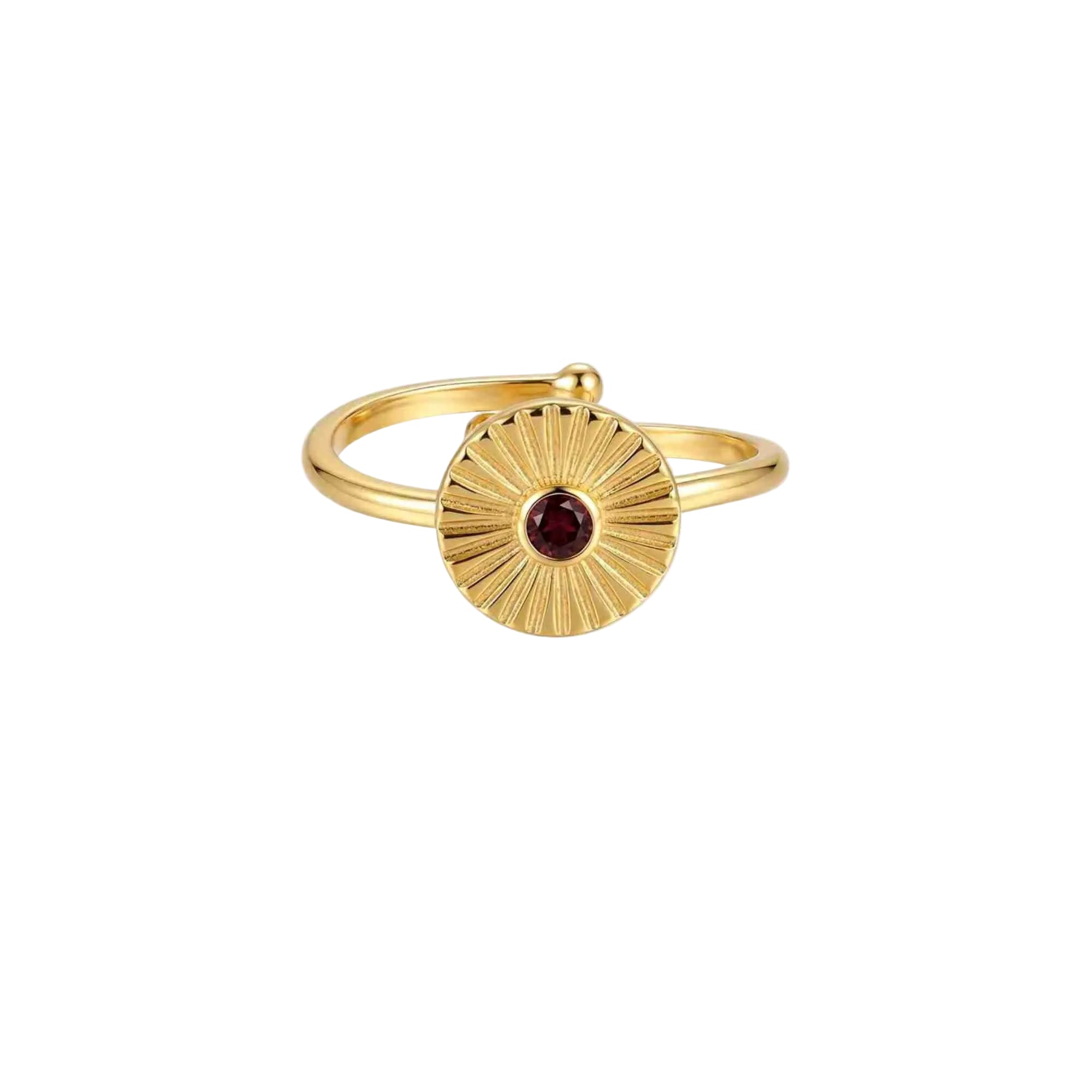 Delicate Vintage Garnet Fluted Disc Ring Gold — an adjustable gold plated 925 Silver bypass ring featuring a radially etched sunray disc centered with a round wine-red garnet gemstone cabochon by Protsaah Zurich.