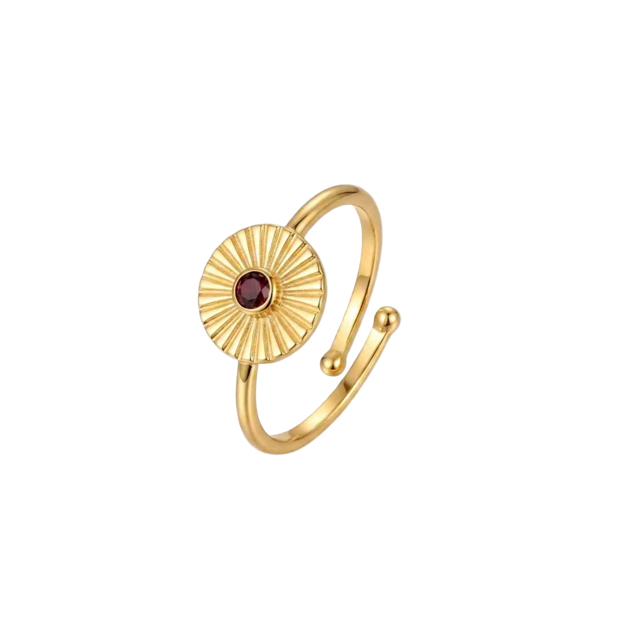 Delicate Vintage Garnet Fluted Disc Ring Gold — an adjustable gold plated 925 Silver bypass ring featuring a radially etched sunray disc centered with a round wine-red garnet gemstone cabochon by Protsaah Zurich.