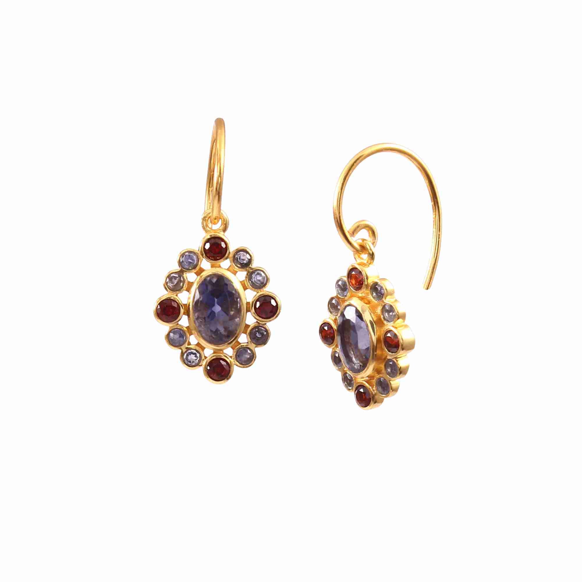 Delicate Vintage Halo Cluster Iolite & Garnet Drop Earrings Gold — oval Iolite centre with alternating Iolite and Garnet halo cluster drop in high-shine 22K gold finish — Protsaah.