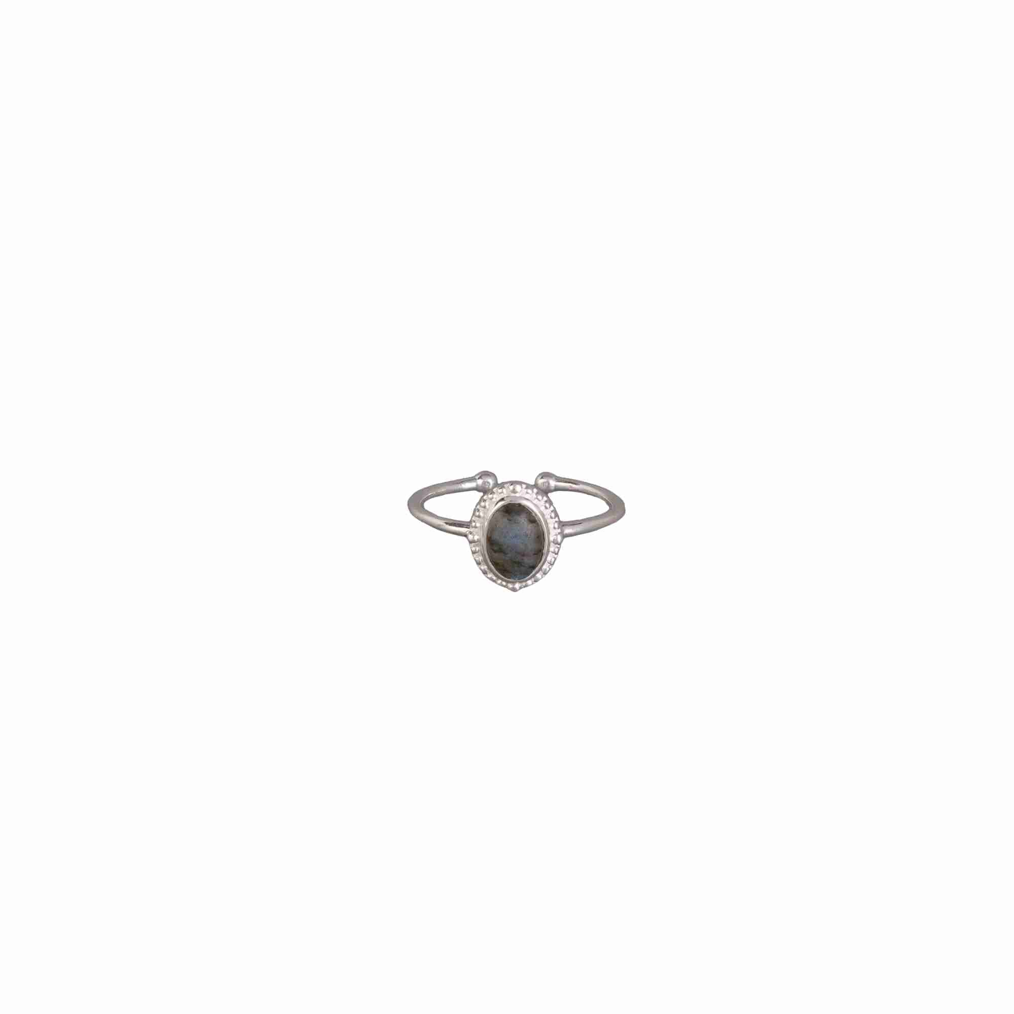 Delicate Vintage Labradorite Beaded Bezel Adjustable Ring Silver — an open-shank 92.5 sterling silver ring featuring an oval gray iridescent labradorite gemstone framed by a textured, dotted beaded bezel edge by Protsaah Zurich.