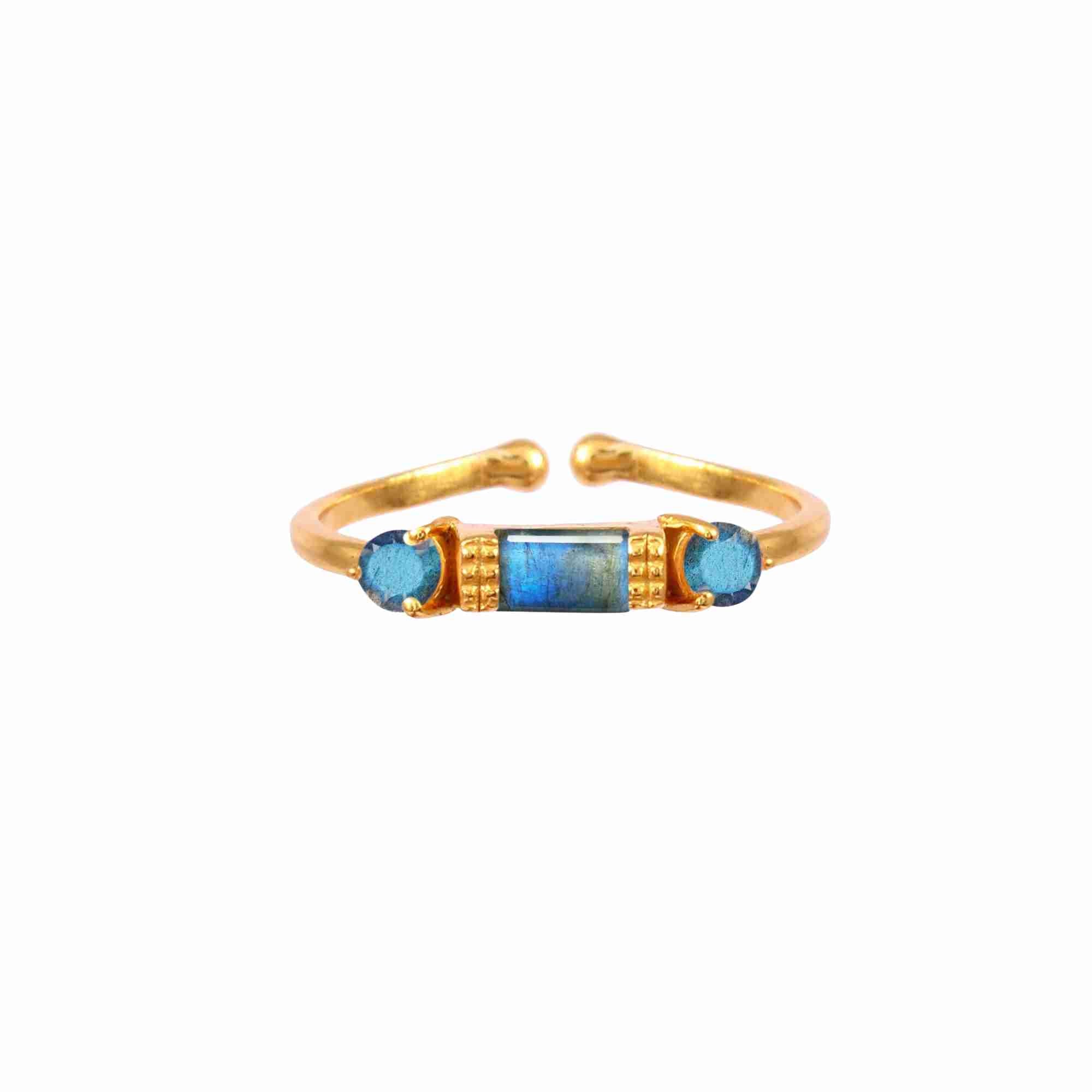 Delicate Vintage Labradorite Three-Stone Ring Gold — an open-shank 22K gold vermeil ring featuring a central rectangular baguette labradorite stone flanked by two matching round labradorite side gems by Protsaah Zurich.