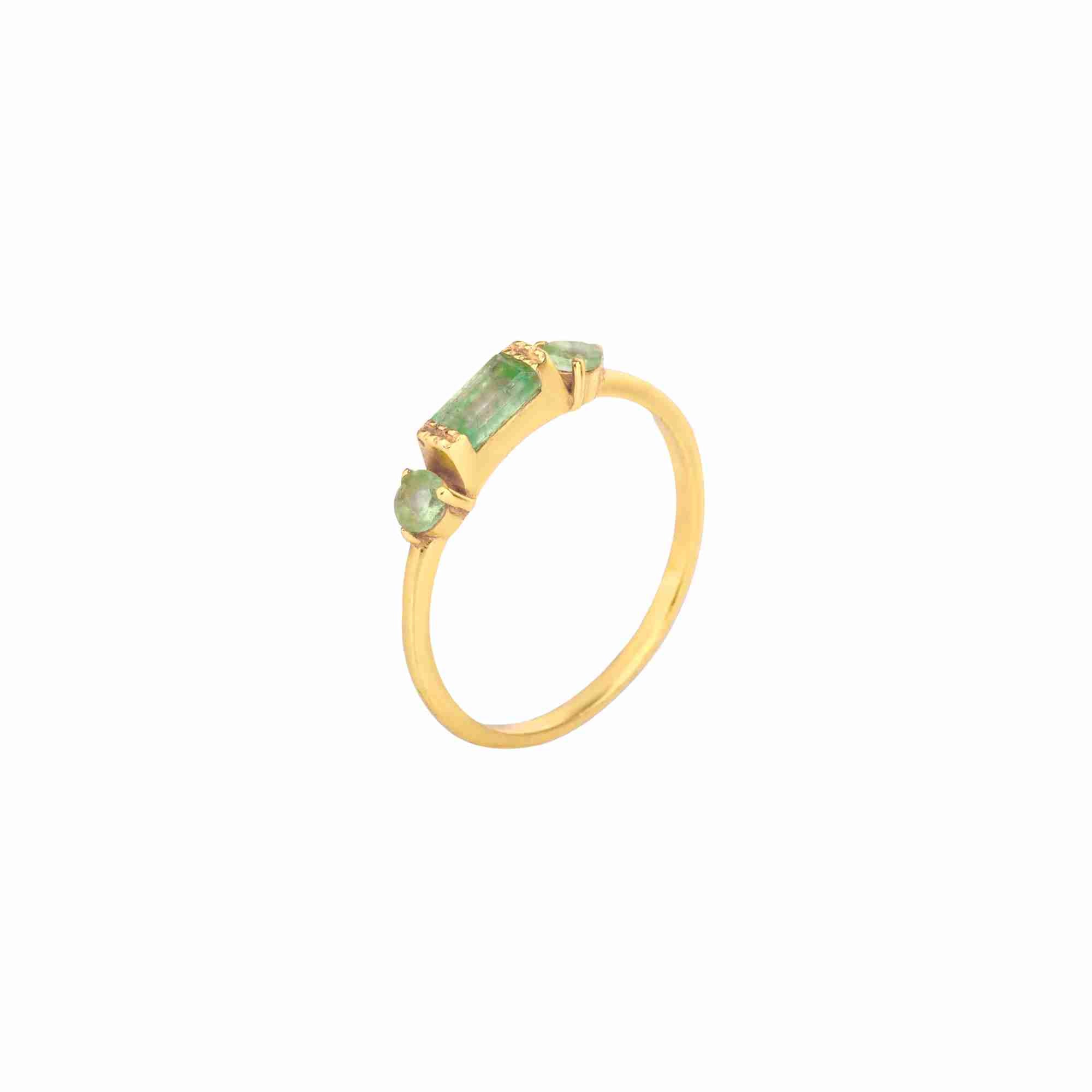 Gold three-stone ring with baguette nephrite in 22K gold-plated recycled silver.