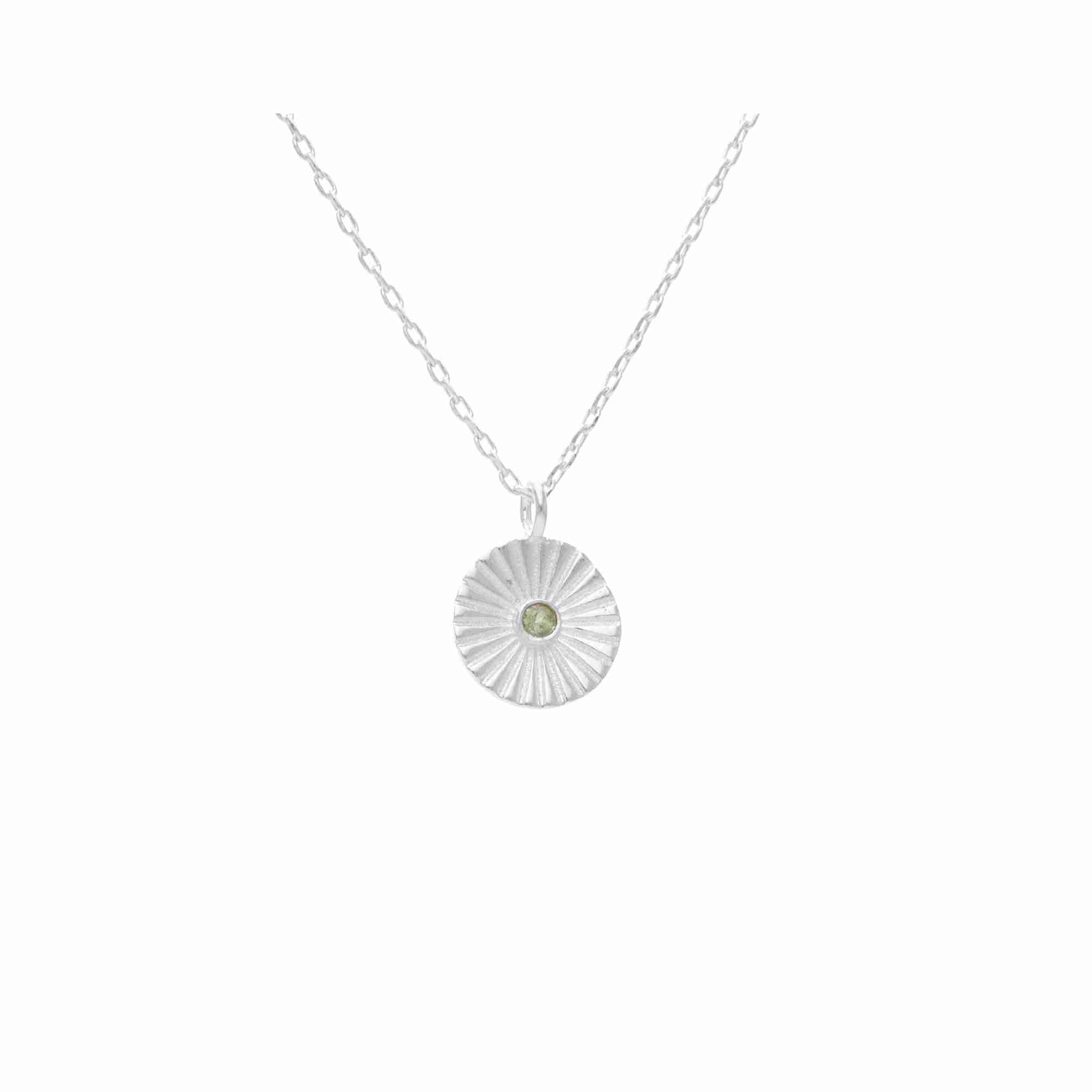 Delicate Vintage Peridot Fluted Medallion Coin Necklace Silver — textured sunburst coin pendant with green peridot on a 92.5 recycled silver chain by Protsaah Zurich.
