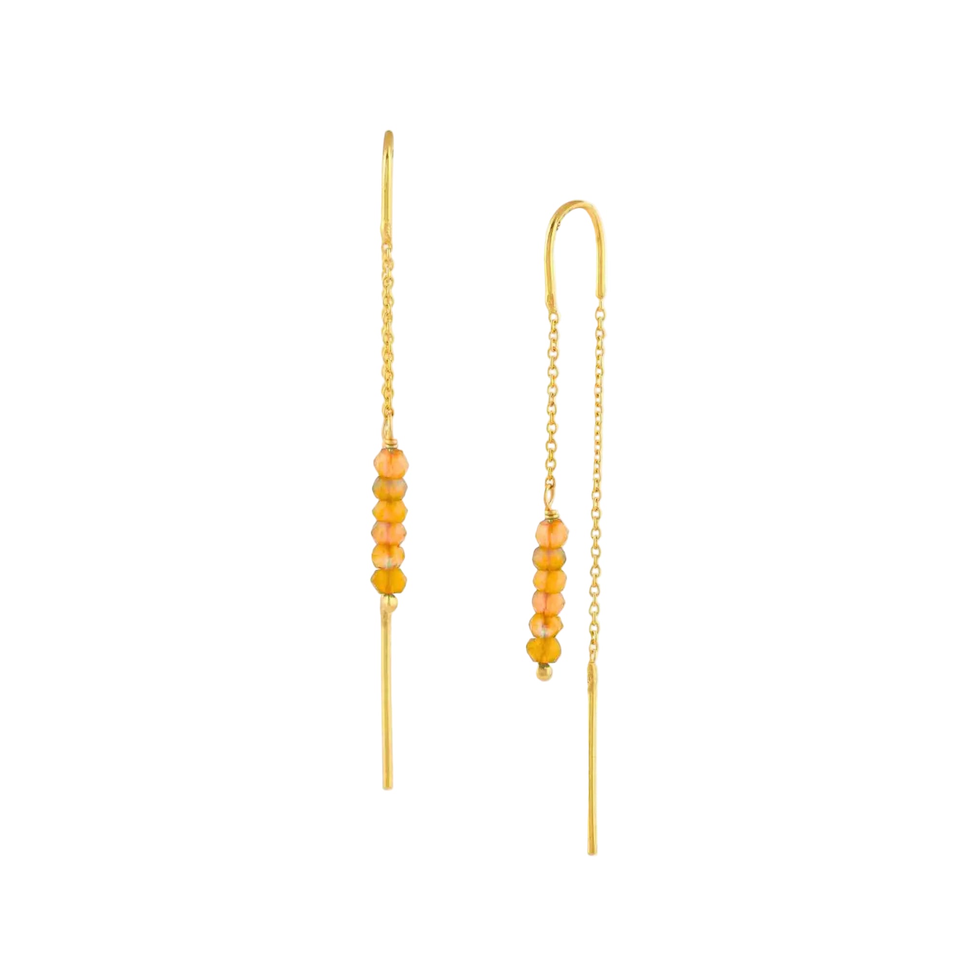Delicate Vintage Stacked Orange Carnelian Beads Threader Earrings Gold — graduated orange carnelian bead drops on a delicate gold chain threader in 22K gold plated 925 Silver by Protsaah Zurich.