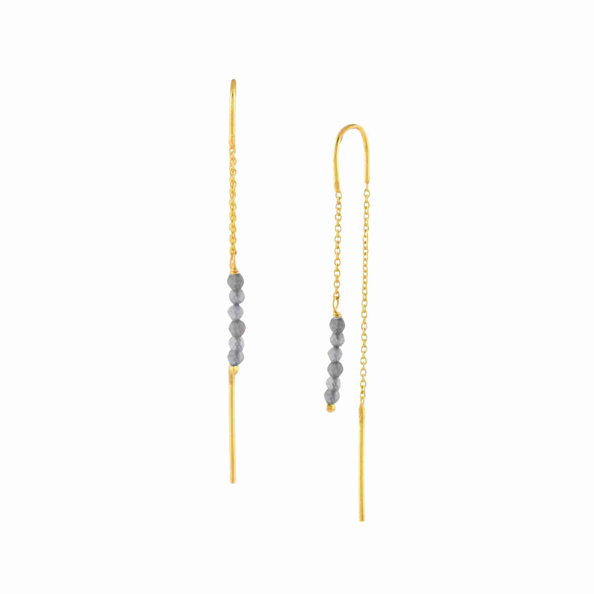Delicate Vintage Stacked Labradorite Beads Threader Earrings Gold — graduated iridescent labradorite bead drops on a delicate gold chain threader in 22K gold vermeil by Protsaah Zurich.