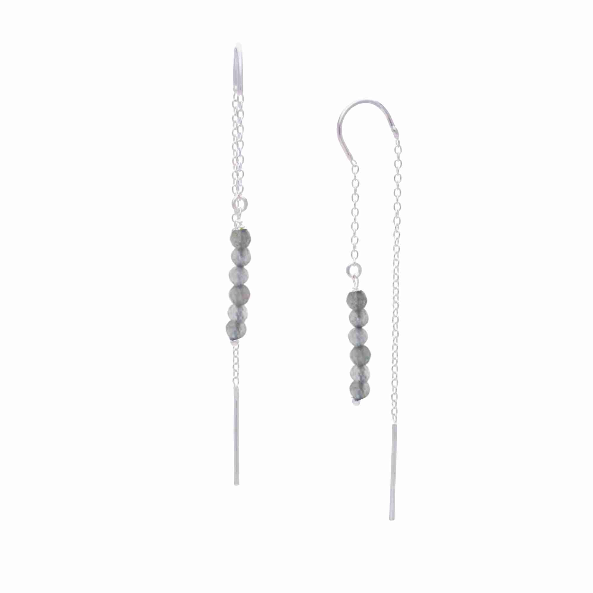 Delicate Vintage Stacked Labradorite Beads Threader Earrings in 925 sterling silver showing a pair of fine chain pull-through drop earrings with a vertical row of five small grey labradorite gemstone beads and straight post ends.