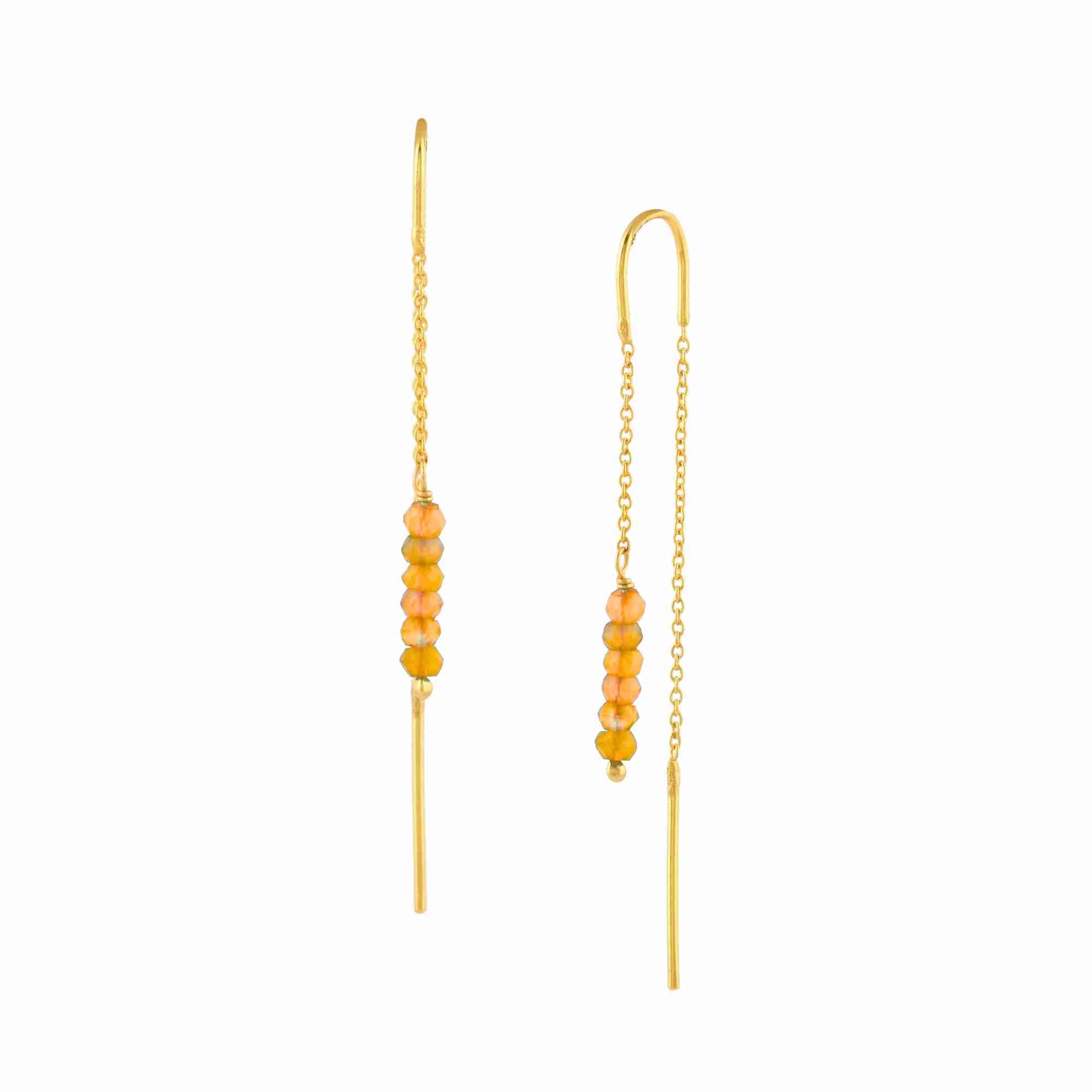 Delicate Vintage Stacked Orange Carnelian Beads Threader Earrings Gold — graduated orange carnelian bead drops on a delicate gold chain threader in 22K gold vermeil by Protsaah Zurich.