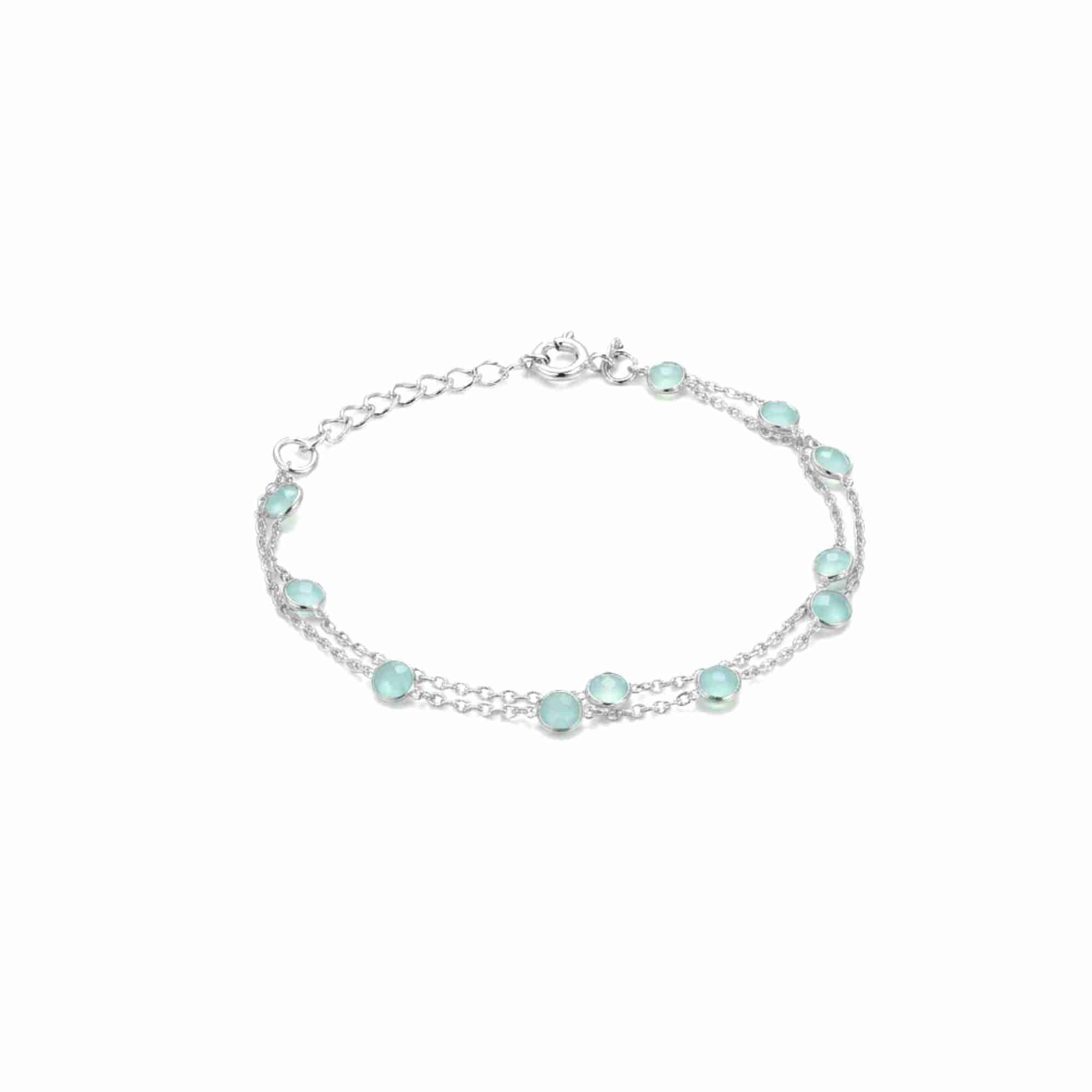 Dew Drops Aqua Chalcedony Studded Chain Bracelet Silver — elegant 92.5 recycled sterling silver delicate double-strand cable chain bracelet dotted with small bezel-set round natural translucent light blue aqua chalcedony gemstones by Protsaah Zurich.