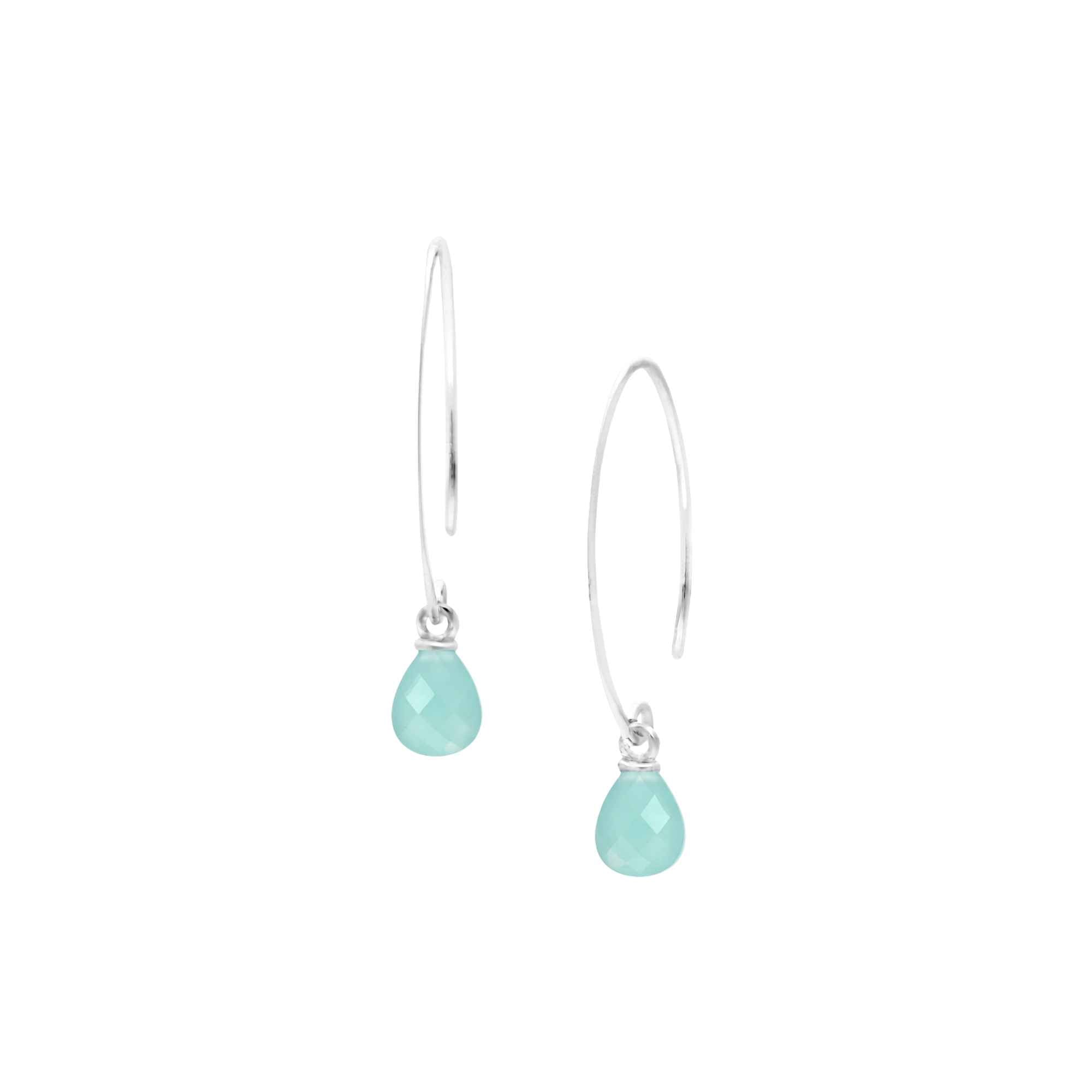 Pair of elongated, minimalist high-polish 925 Sterling Silver open marquise-shaped wire hooks, each dangling a micro-faceted teardrop briolette charm made of natural translucent seafoam Aqua Chalcedony gemstone with bright minty blue-green hue against a plain white background — Protsaah Zurich.