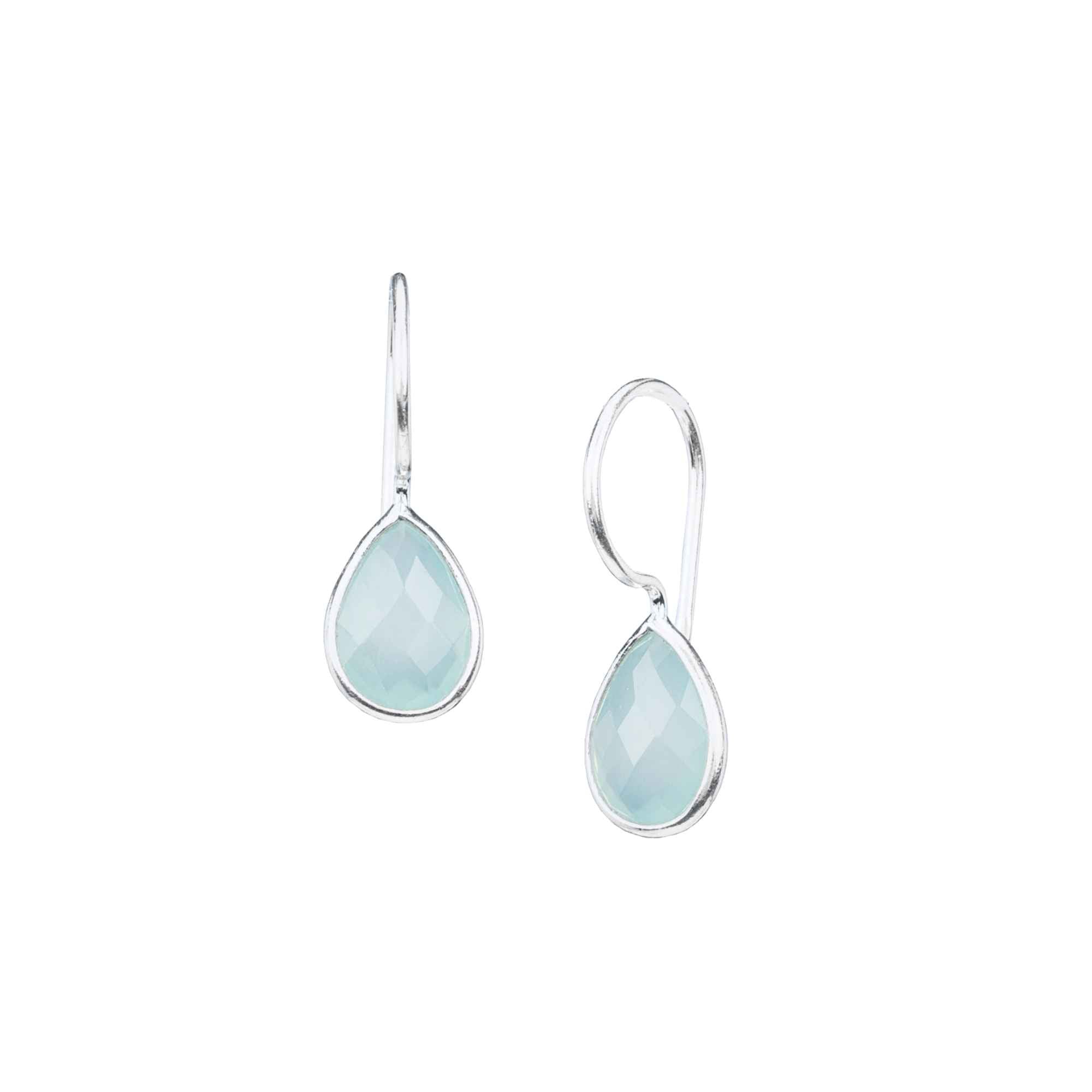 A pair of silver teardrop drop earrings with faceted light blue aqua chalcedony stones on a sleek continuous curved ear hook in high-shine finish. It is in silver bezel setting with french wire hooks, studio shot on white background — Protsaah.