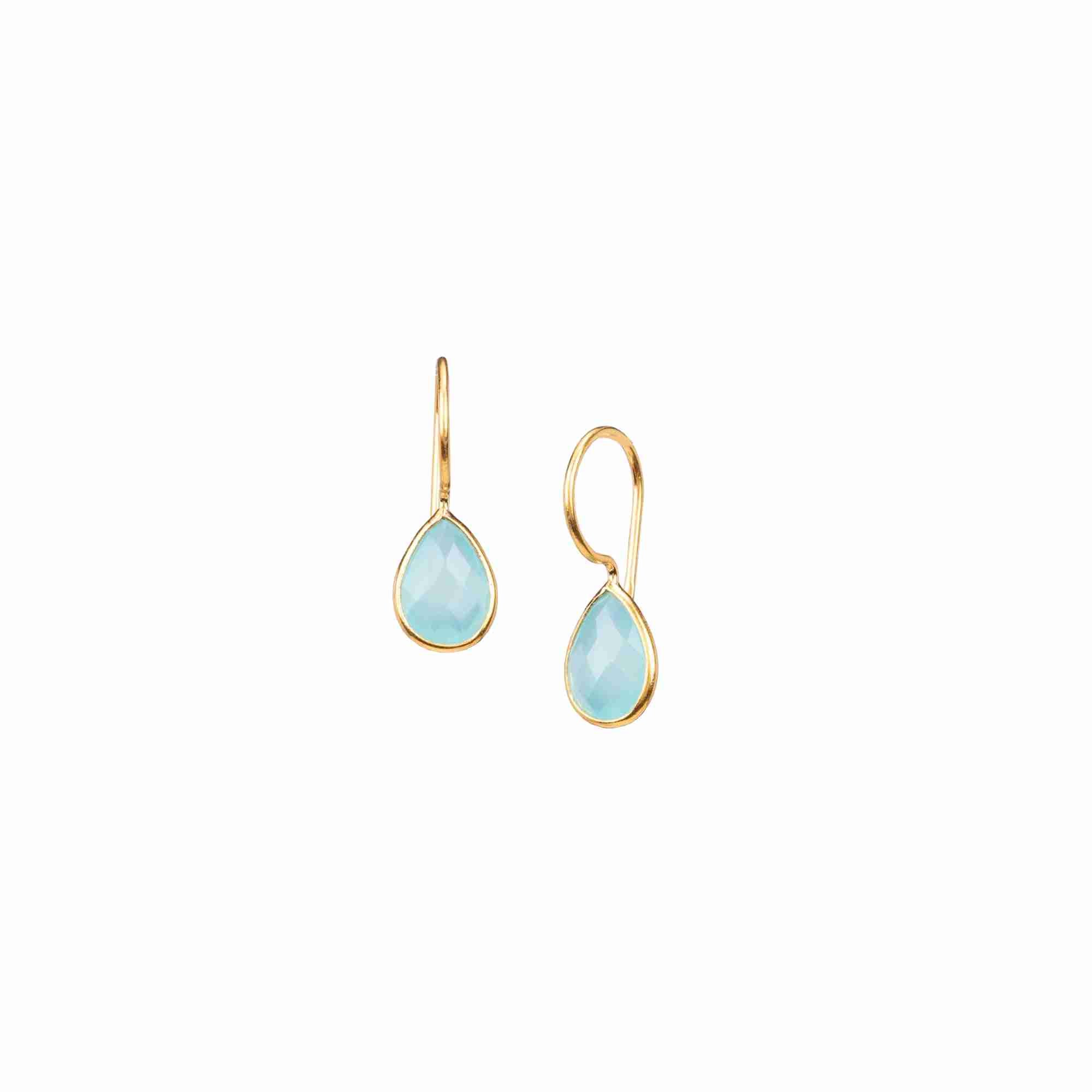 Dew Drops Aqua Chalcedony Teardrop Earrings Drop Earrings Gold — elegant 22K gold vermeil hook earrings featuring a faceted pear-cut translucent soft blue aqua chalcedony gemstone in a polished gold bezel setting by Protsaah Zurich.