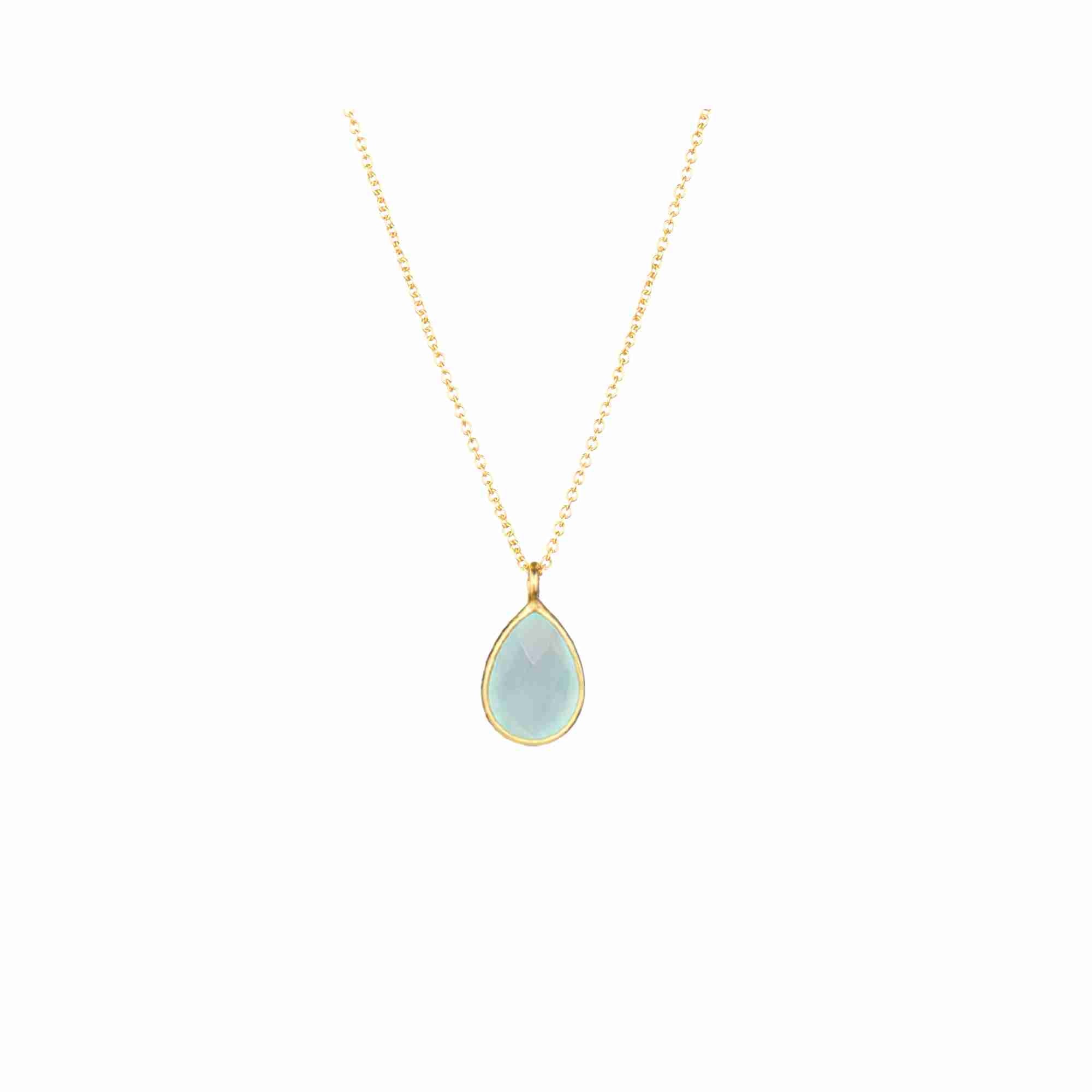 Dew Drops Aqua Chalcedony Teardrop Pendant Necklace Gold — sea-blue aqua chalcedony teardrop pendant on a 22K gold vermeil chain by Protsaah Zurich.