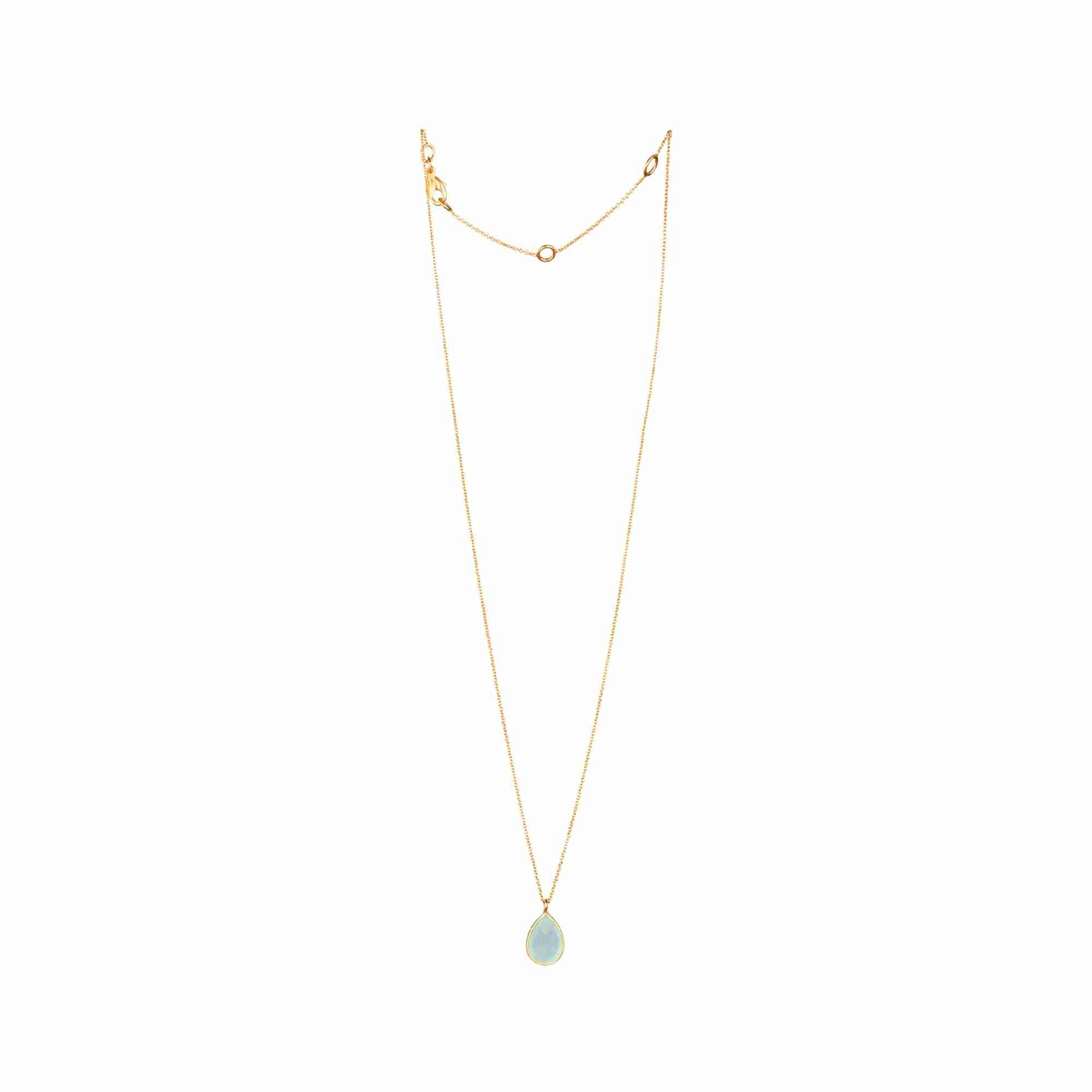 Detail shot of Dew Drops Aqua Chalcedony Teardrop Pendant Necklace Gold — close-up of the sea-blue aqua chalcedony teardrop in 22K gold vermeil by Protsaah Zurich.