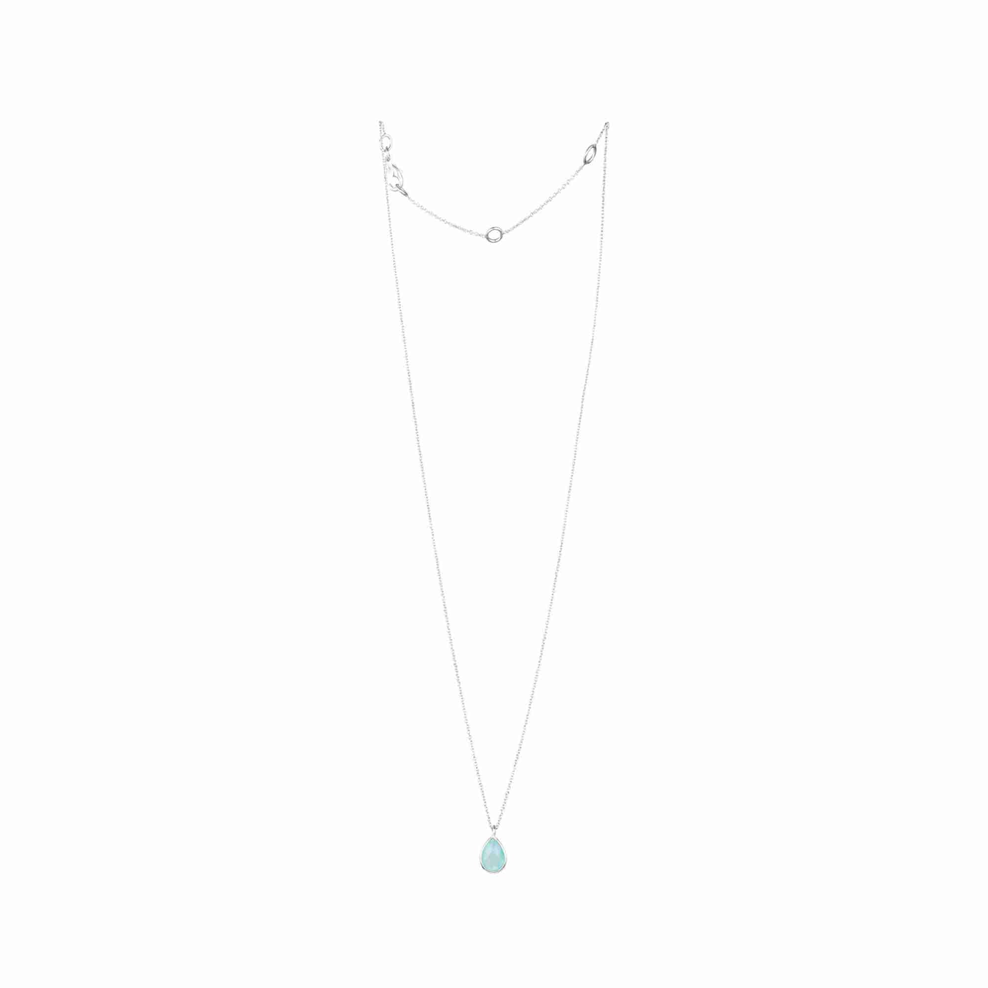 Detail shot of Dew Drops Aqua Chalcedony Teardrop Pendant Necklace Silver — close-up of the sea-blue aqua chalcedony teardrop in 92.5 recycled silver by Protsaah Zurich.