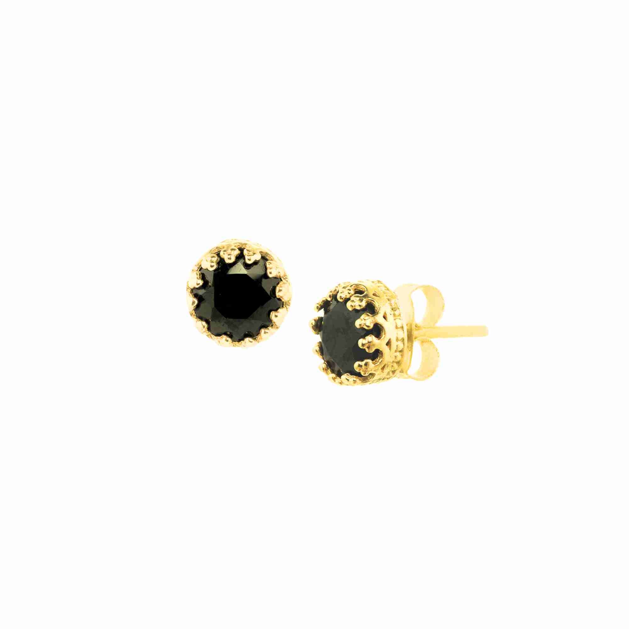 Product picture named Dew Drops displaying a front view and side profile view of the Black Onyx Crown Stud Earrings in gold against a plain white background, showcasing the round faceted deep black Onyx gemstones nestled inside handcrafted royal crown-style decorative bezel prongs in warm 22K gold vermeil over recycled silver with secure post-and-butterfly backs by Protsaah Zurich.