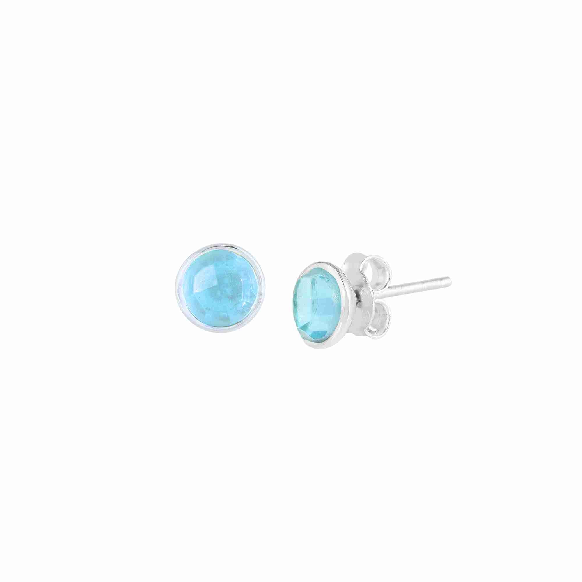 Dew Drops Blue Topaz Bezel Round Stud Earrings Silver — minimal circular bezel-set round natural blue topaz gemstones in high-shine 925 sterling silver studs — Protsaah.