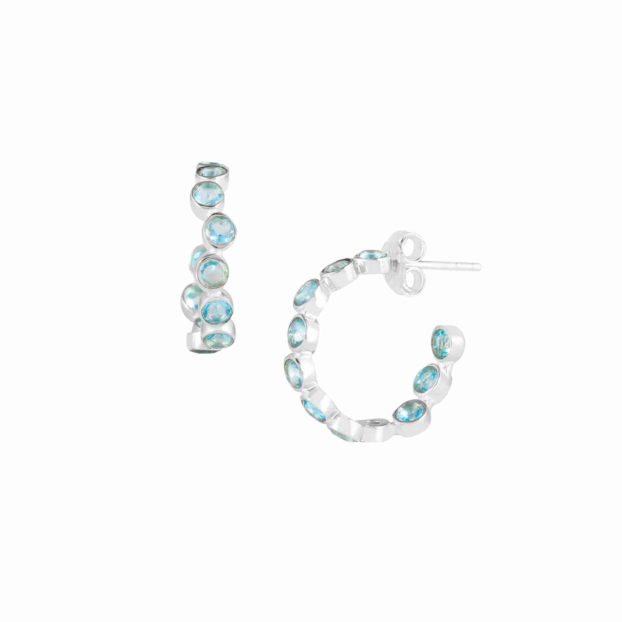 Dew Drops Blue Topaz Studded Hoop Earrings Silver — open hoop with round-cut Blue Topaz gemstones bezel-set along the outer rim in high-polish silver finish with push-back post closure — Protsaah.