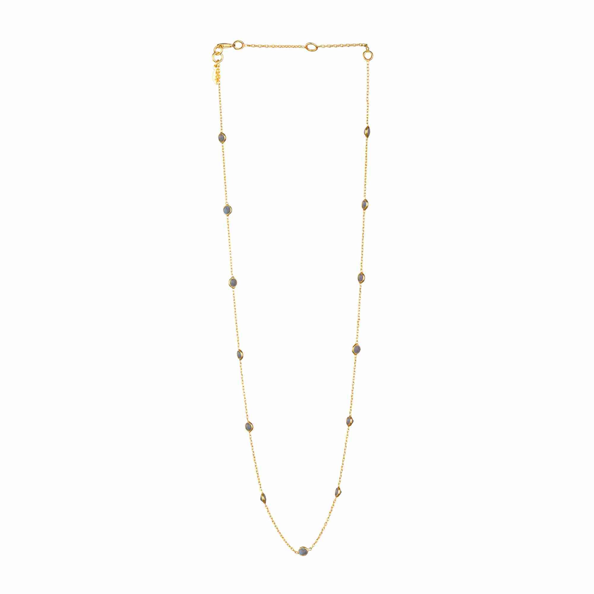 Dew Drops Dotted Labradorite Necklace Gold — elegant 22K gold vermeil delicate fine cable chain station necklace dotted with small bezel-set round natural iridescent gray-blue labradorite gemstones by Protsaah Zurich.