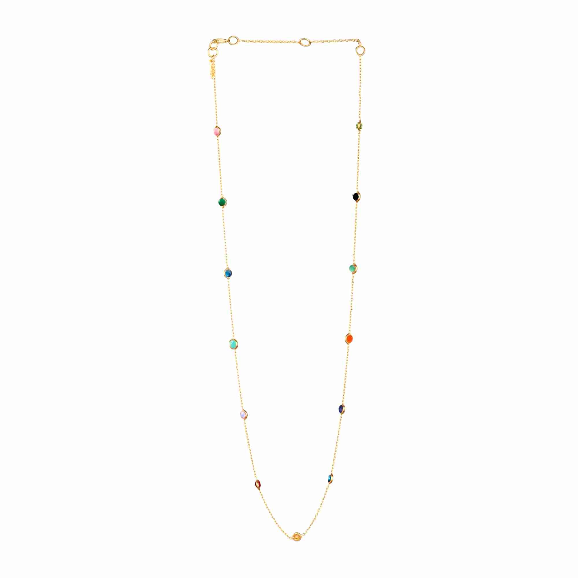Protsaah Zurich Dew Drops gold dotted short necklace featuring 13 vibrant, multicolored natural round-cut gemstones bezel-set along a fine 92.5 recycled silver gold vermeil chain.