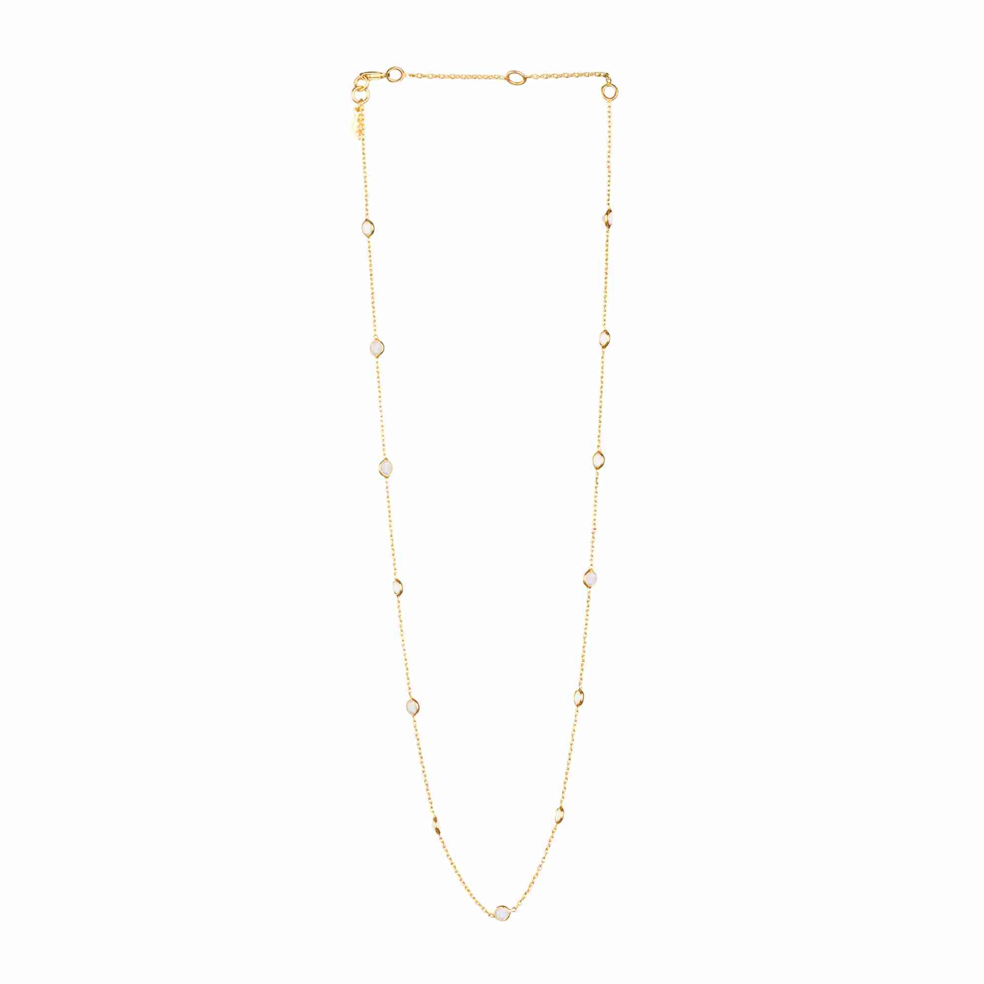 Dew Drops Dotted Rainbow Moonstone Necklace Gold — elegant 22K gold vermeil delicate fine cable chain station necklace dotted with tiny bezel-set round natural iridescent rainbow moonstone gemstones by Protsaah Zurich.