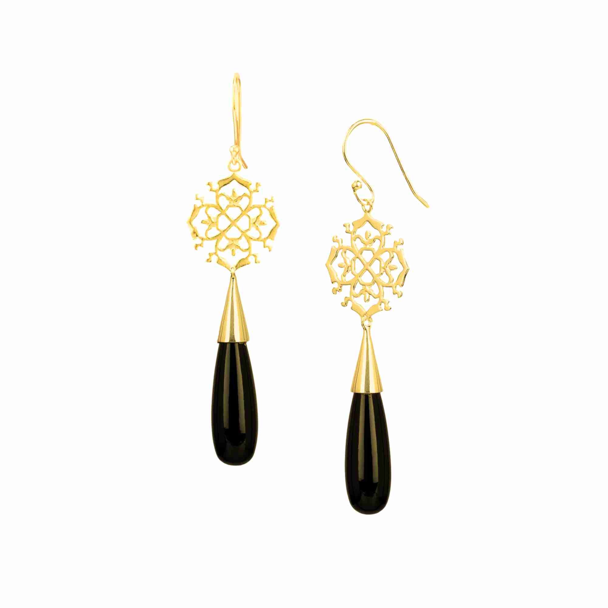 Dew Drops Filigree & Black Onyx Statement Earrings Gold