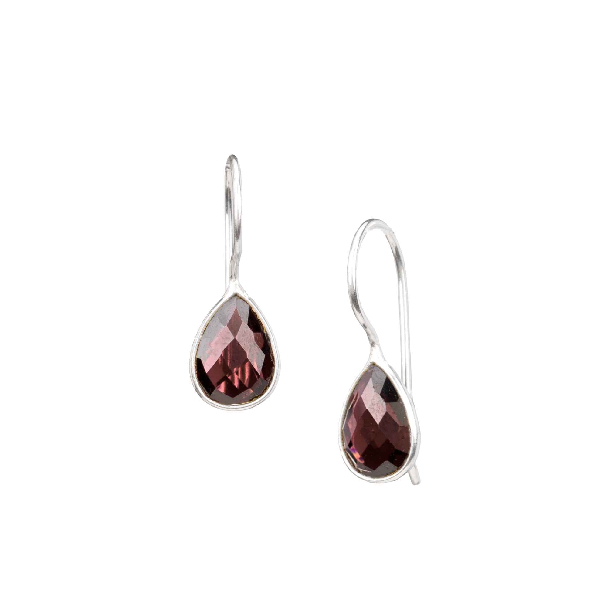 A pair of silver teardrop drop earrings with faceted deep red garnet stones on a sleek continuous curved ear hook in high-shine finish. It is in silver bezel setting with french wire hooks, studio shot on white background — Protsaah.