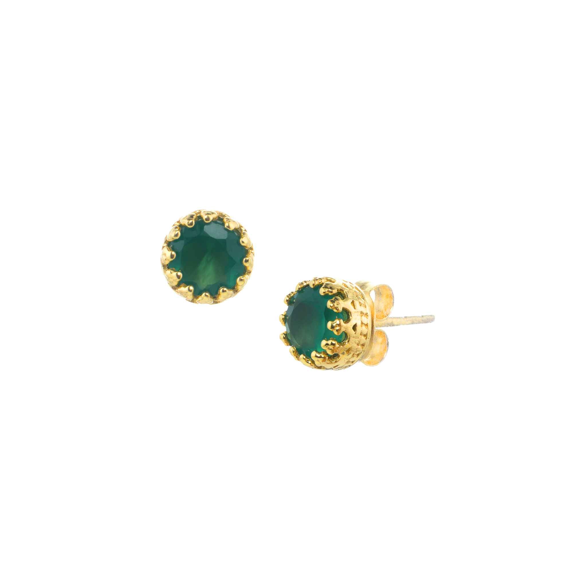 Green Onyx Crown Stud Earrings in gold against a plain white background, showcasing the round faceted rich emerald-green Onyx gemstones nestled inside handcrafted royal crown-style decorative bezel prongs in warm 22K gold vermeil over recycled silver with secure post-and-butterfly backs by Protsaah Zurich.