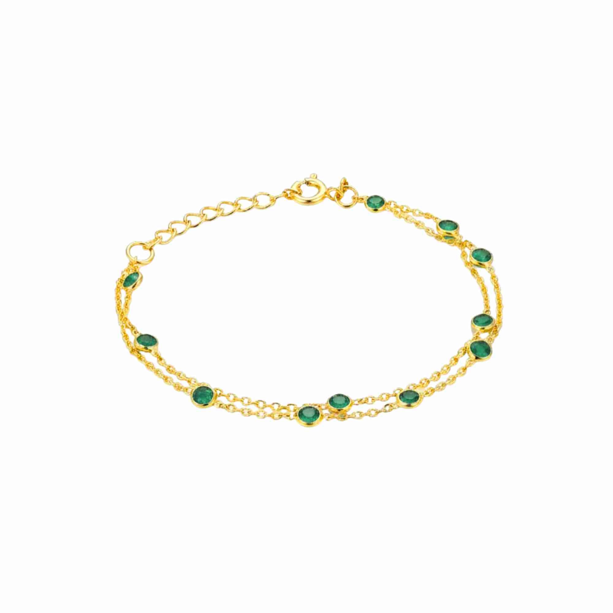 Dew Drops Green Onyx Studded Chain Bracelet Gold — elegant 22K gold vermeil delicate double-strand cable chain bracelet dotted with small bezel-set round natural translucent green onyx gemstones by Protsaah Zurich.
