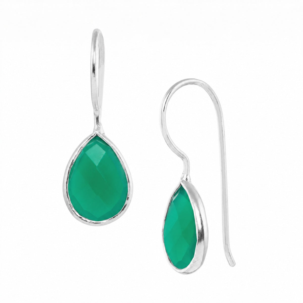 Faceted 7 x 10mm green onyx teardrop drop earrings in a silver bezel on wire hooks on a white background