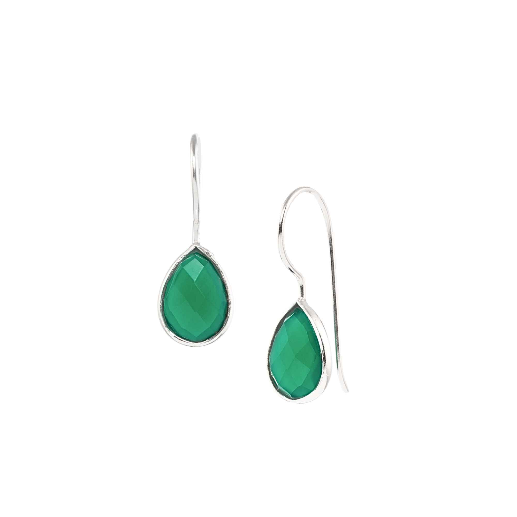 A pair of silver teardrop drop earrings with faceted green onyx stones on a sleek continuous curved ear hook in high-shine finish. It is in silver bezel setting with french wire hooks, studio shot on white background — Protsaah.