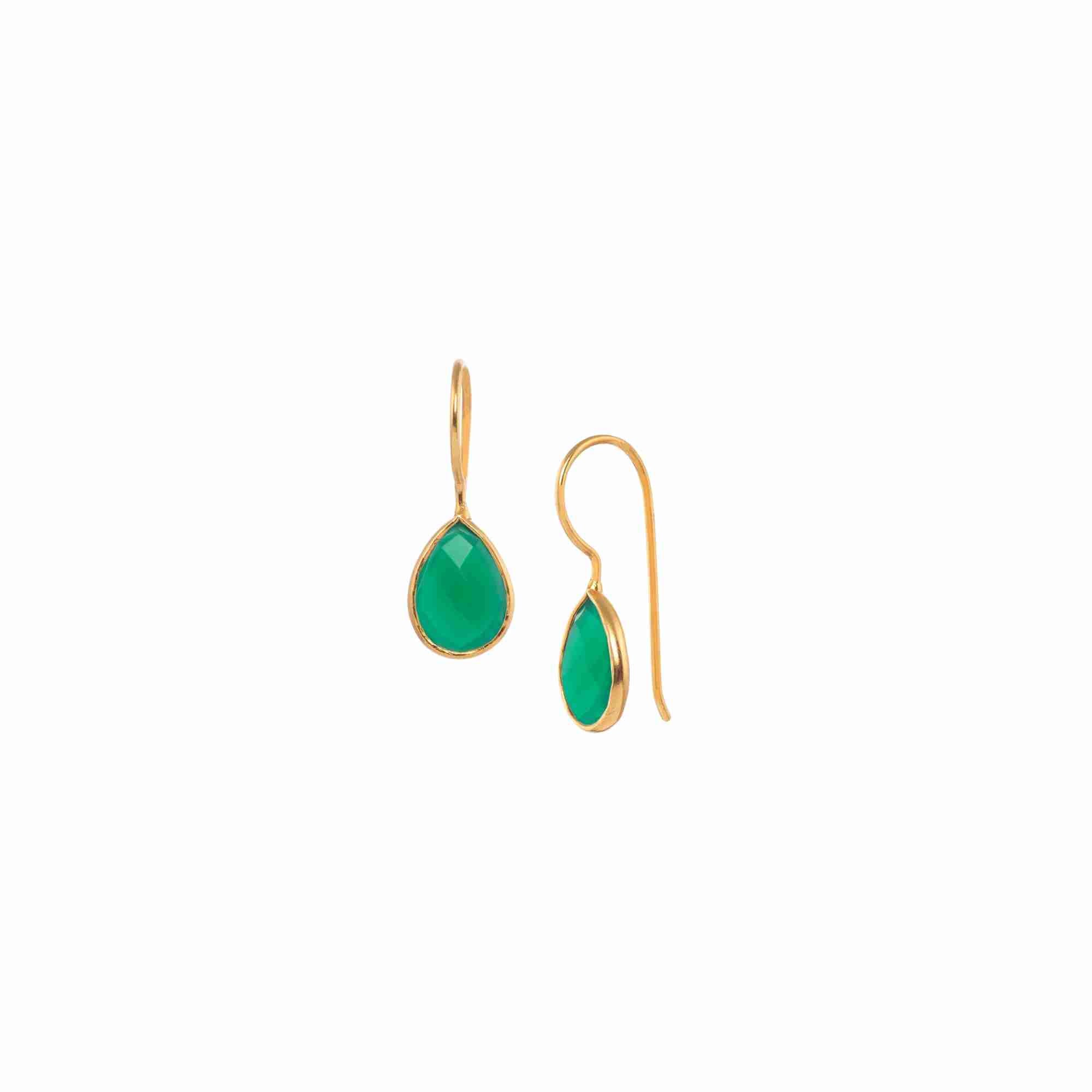 Dew Drops Green Onyx Teardrop Earrings Drop Earrings Gold — elegant 22K gold vermeil hook earrings featuring a faceted pear-cut rich green onyx gemstone in a polished gold bezel setting by Protsaah Zurich.