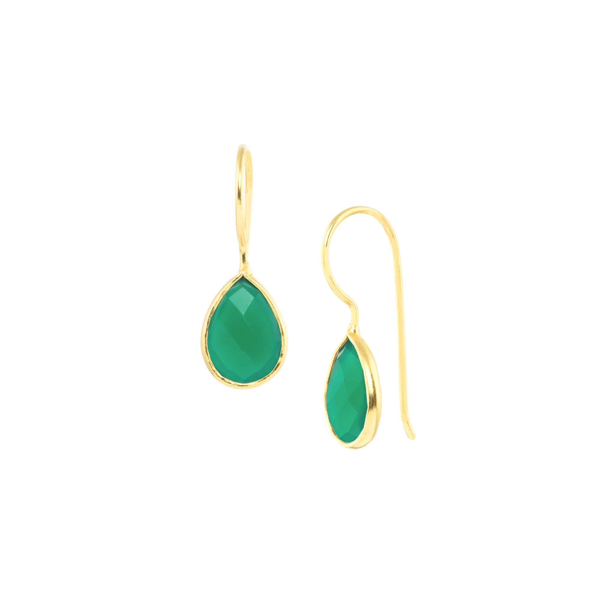 A pair of gold teardrop drop earrings with faceted green onyx stones on a sleek continuous curved ear hook in high-shine 22K gold finish. It is in gold bezel setting with french wire hooks, studio shot on white background — Protsaah.