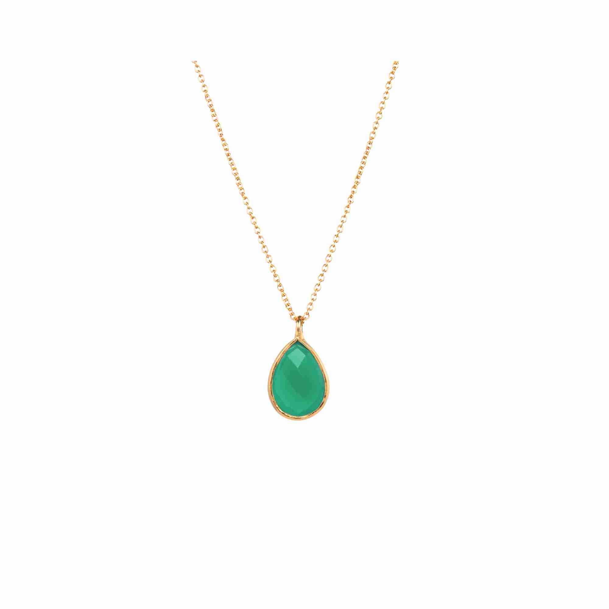 Dew Drops Green Onyx Teardrop Pendant Necklace Gold — vibrant green onyx teardrop pendant on a 22K gold vermeil chain by Protsaah Zurich.