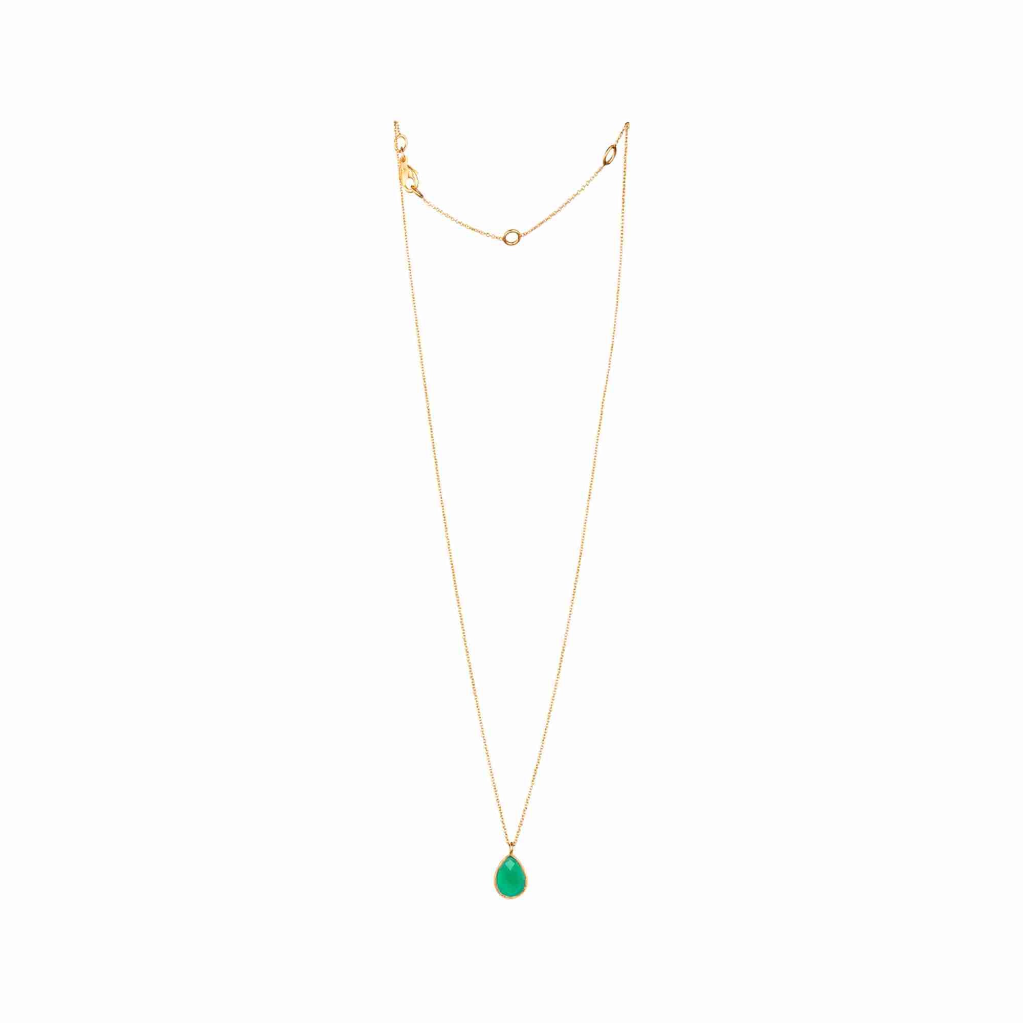 Shop the Dew Drops Green Onyx Teardrop Pendant Necklace Gold by Protsaah Zurich. A handcrafted gold necklace with faceted green onyx gemstone for elegant everyday wear.