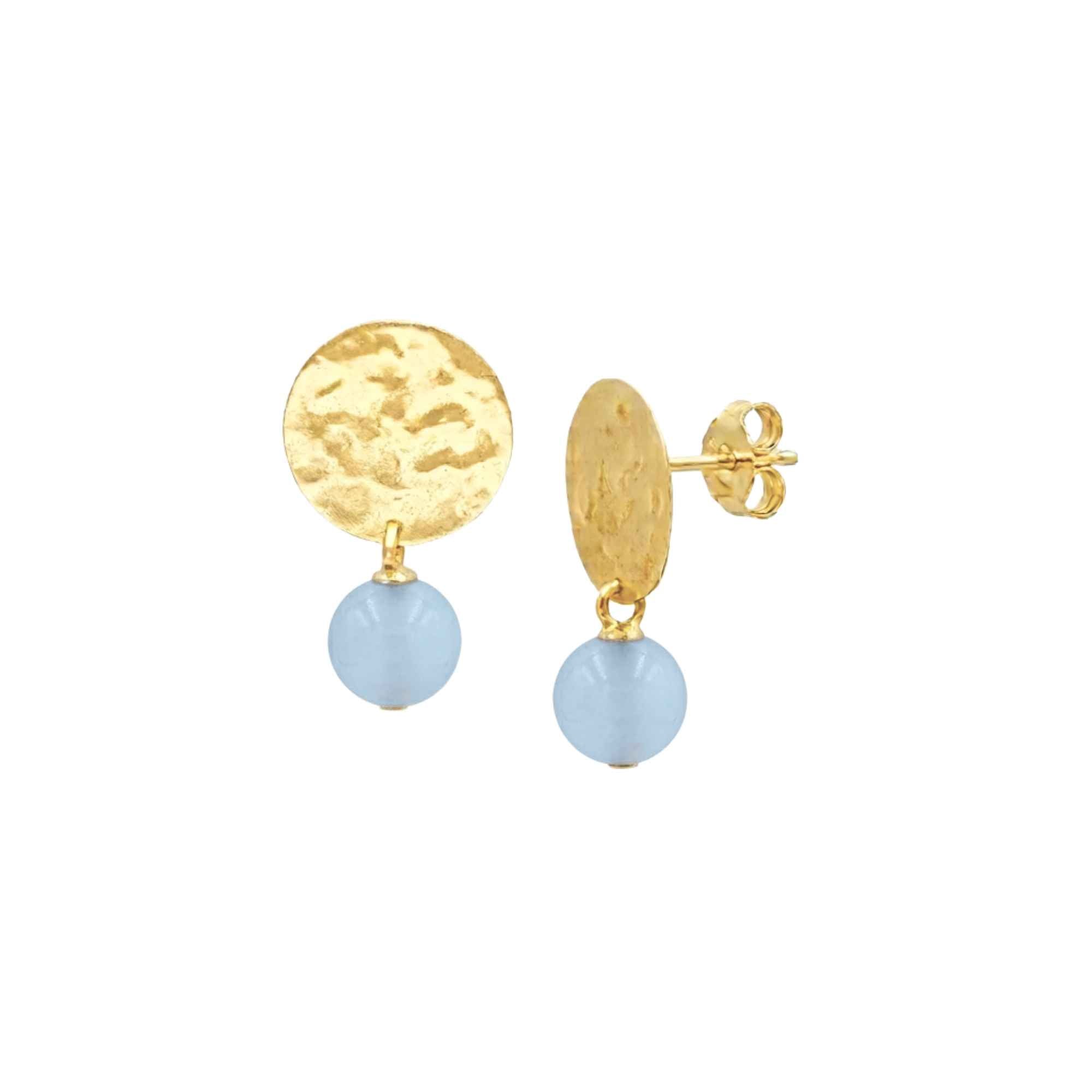 Pair of high-polish hammered 22K gold plated 925 silver coin stud earrings with dangling spherical translucent light periwinkle Blue Chalcedony gemstone beads on white background — Protsaah Zurich.